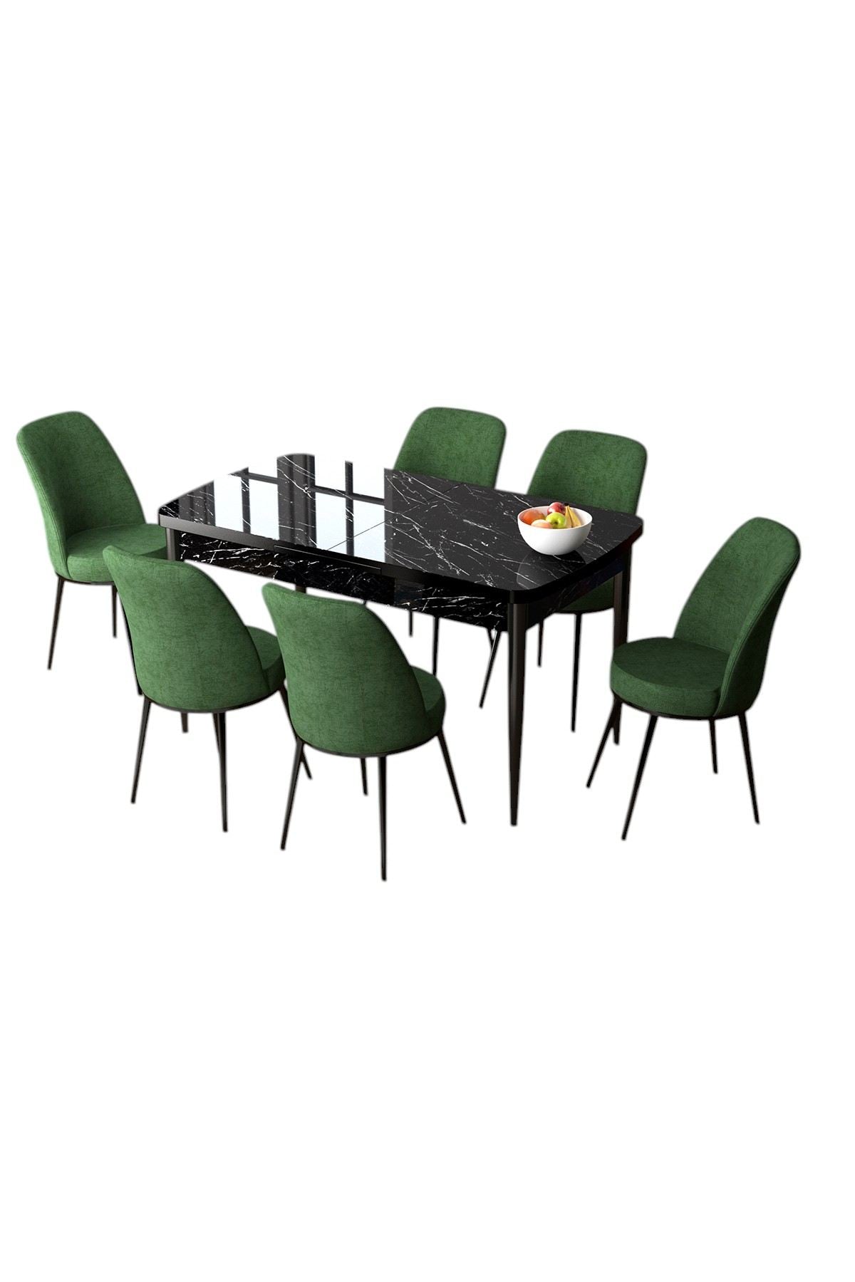 Conjunto de Mesa de Jantar Extensível e Cadeiras (7 peças) – 132-170 cm – Preto – MDF e Metal