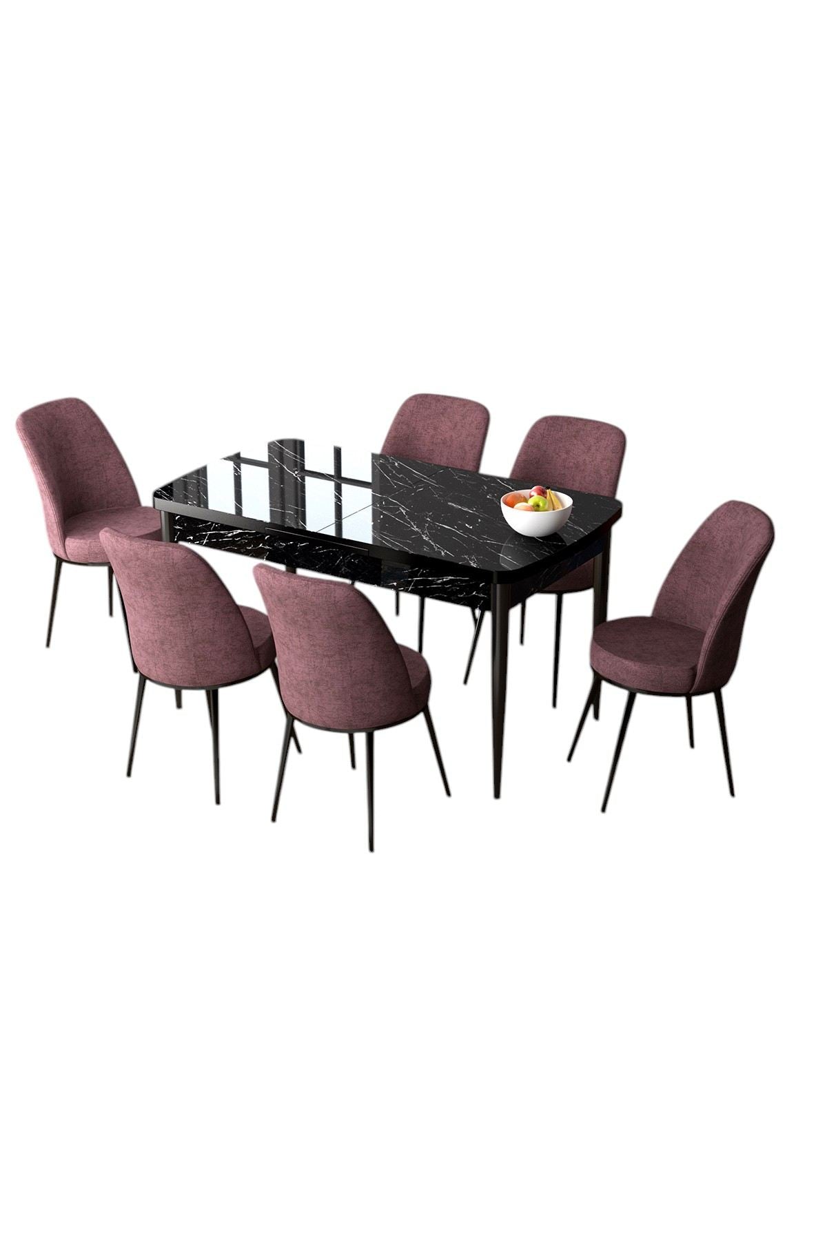 Conjunto de mesa de jantar extensível e cadeiras – 132x80 cm – Mármore Preto e Rosa Pálido – MDF e Metal