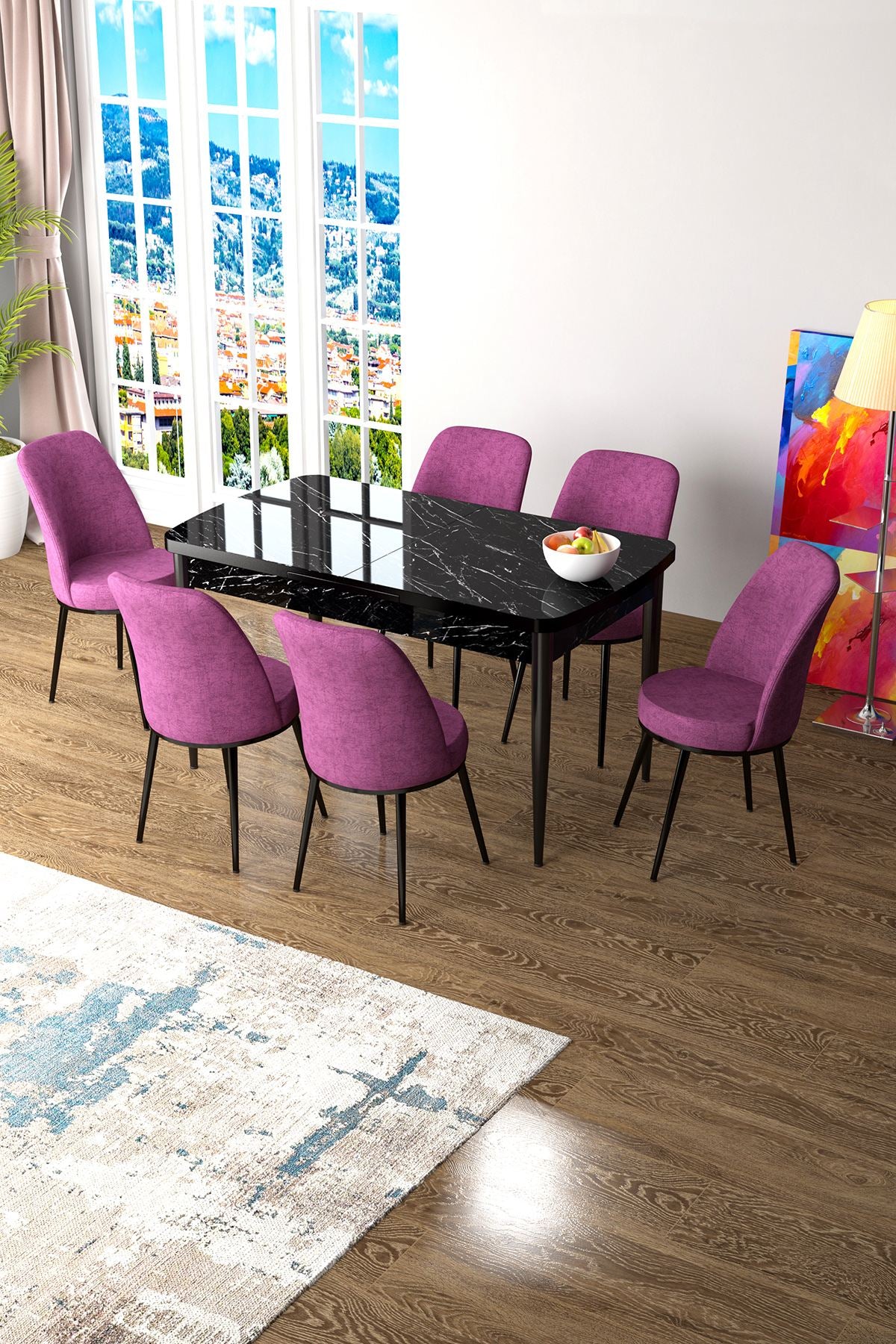 Conjunto de Mesa de Jantar Extensível e Cadeiras (7 peças) – 132 cm largura, 78 cm altura, 80 cm profundidade – Mármore Preto e Roxo – MDF e Metal
