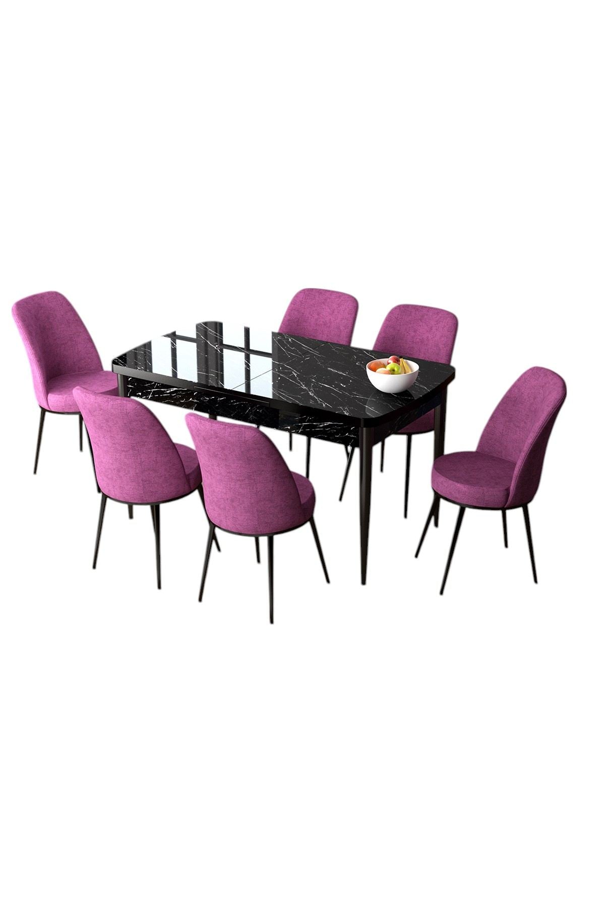 Conjunto de Mesa de Jantar Extensível e Cadeiras (7 peças) – 132 cm largura, 78 cm altura, 80 cm profundidade – Mármore Preto e Roxo – MDF e Metal