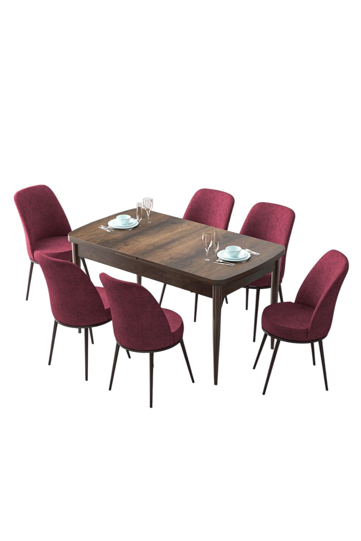 Conjunto de mesa de jantar extensível e cadeiras (7 peças) – 132 cm x 78 cm x 80 cm – Barroca e Borgonha – MDF e metal