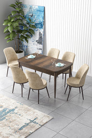 Conjunto de mesa de jantar extensível e cadeiras (7 peças) – 132 cm a 170 cm de largura – Barroco e Creme – MDF com pernas de metal