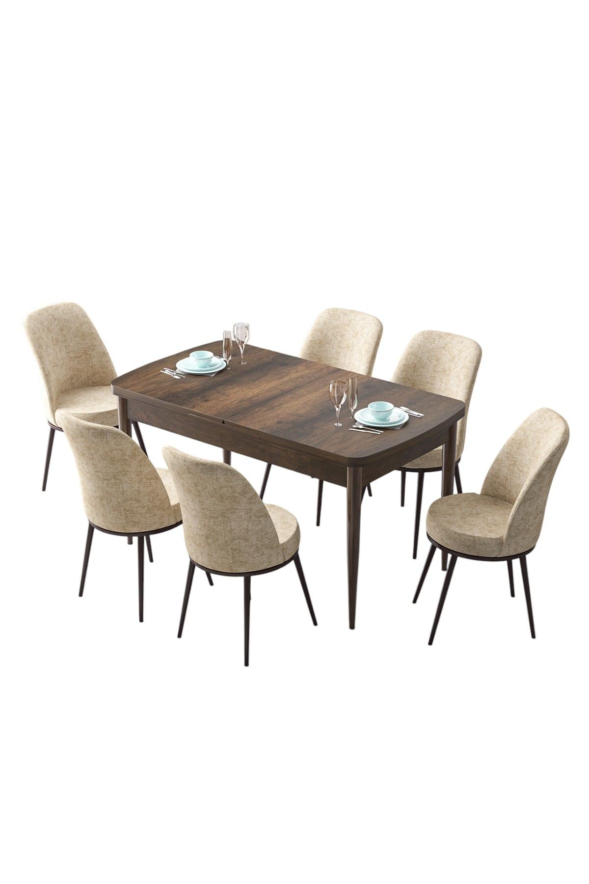 Conjunto de mesa de jantar extensível e cadeiras (7 peças) – 132 cm a 170 cm de largura – Barroco e Creme – MDF com pernas de metal