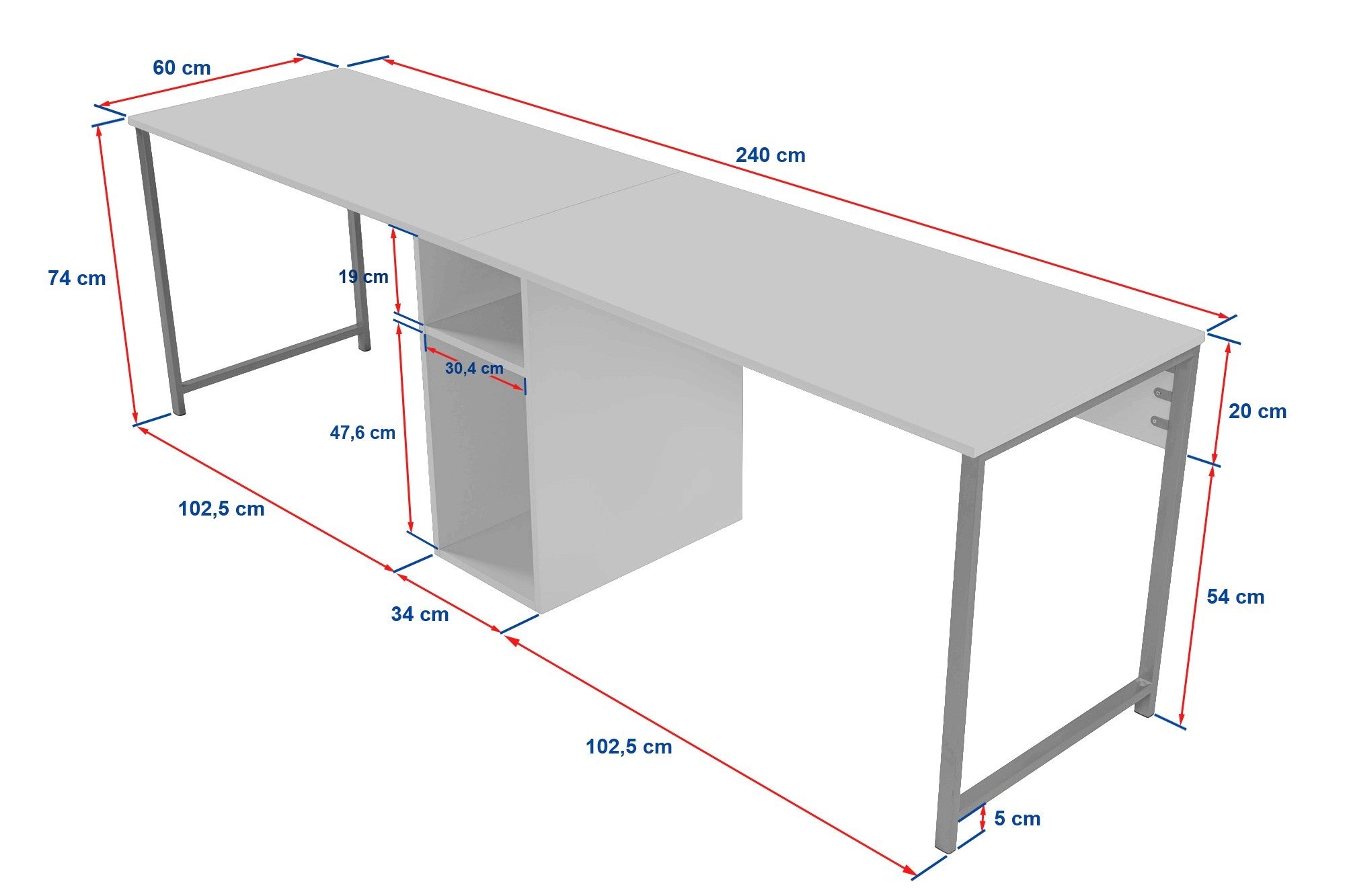 Secretária de Estudo/Escritório elegante, pinho atlântico e preto, 240 x 60 x 74 cm | 100% revestida em melamina, 18 mm de espessura, pernas com pintura eletrostática a pó | Montável na parede com prateleiras