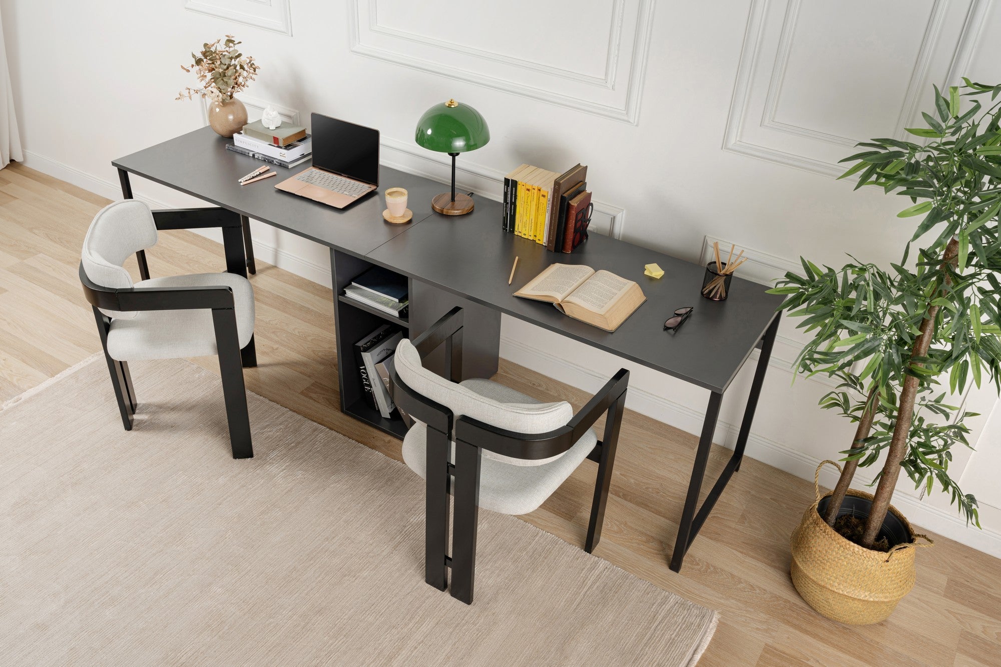 Secretária de Estudo/Escritório Moderna, Antracite e Preto, 240 x 74 x 60 cm | 100% Melamina, 18 mm de Espessura, Pernas com Pintura Eletrostática a Pó | Montável na Parede com Prateleiras