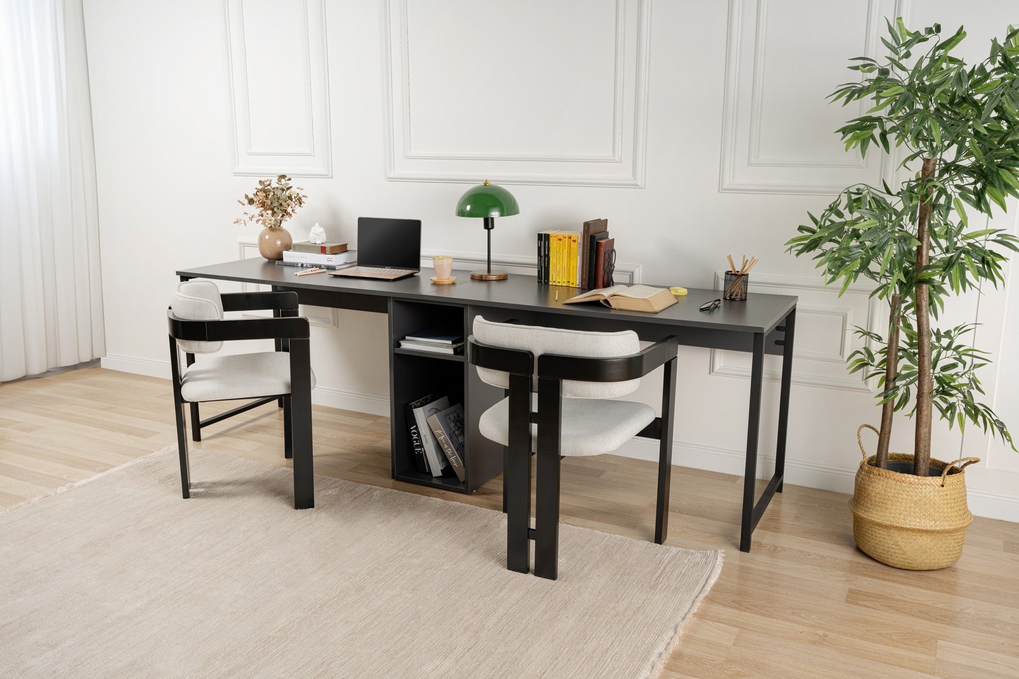 Secretária de Estudo/Escritório Moderna, Antracite e Preto, 240 x 74 x 60 cm | 100% Melamina, 18 mm de Espessura, Pernas com Pintura Eletrostática a Pó | Montável na Parede com Prateleiras