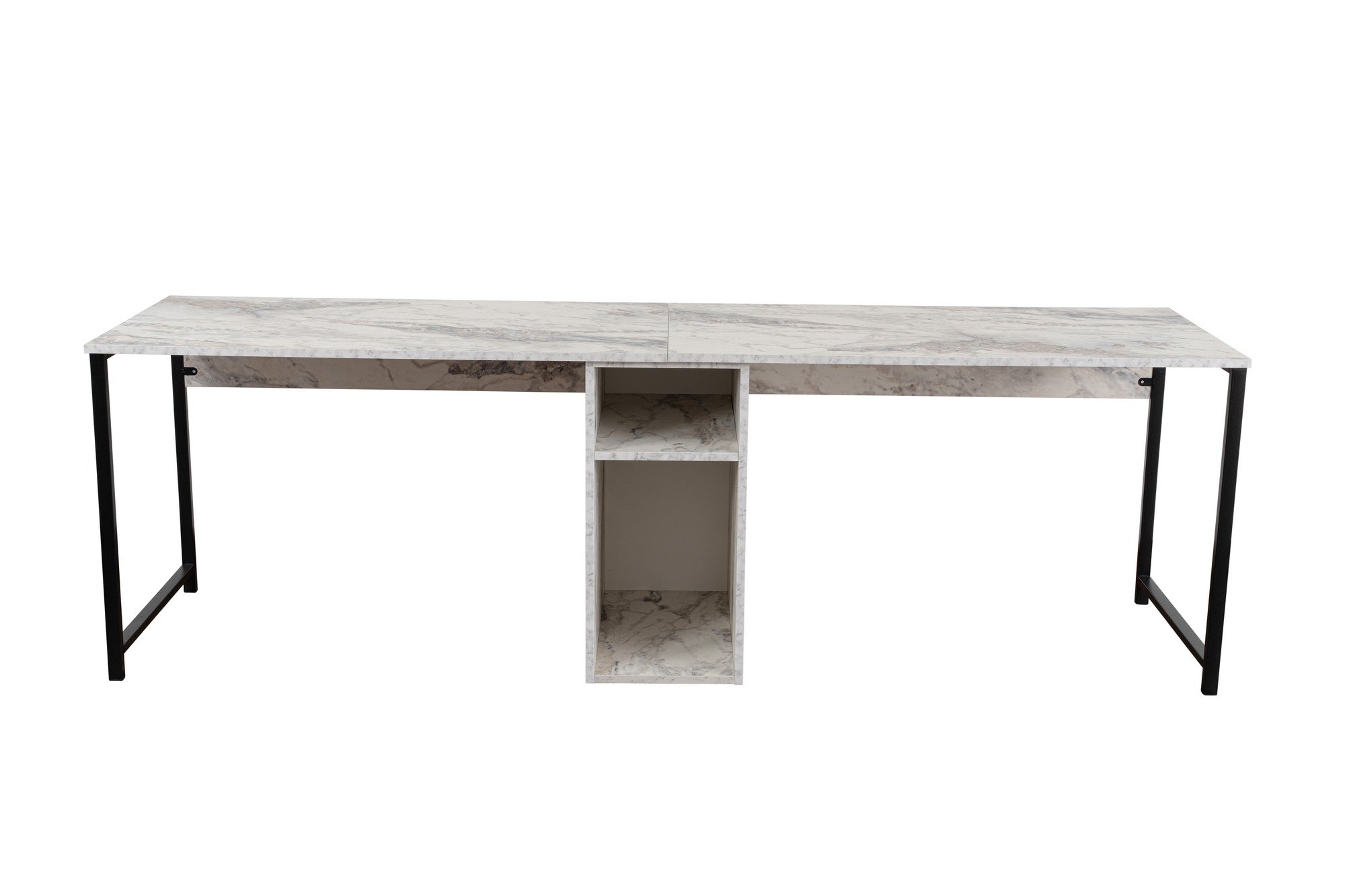 Secretária de Estudo/Escritório elegante com acabamento em mármore, 240 cm | Painel de partículas 100% revestido em melamina, 18 mm de espessura | Pés de metal com revestimento eletrostático a pó | Montável na parede, Frésia e Preto