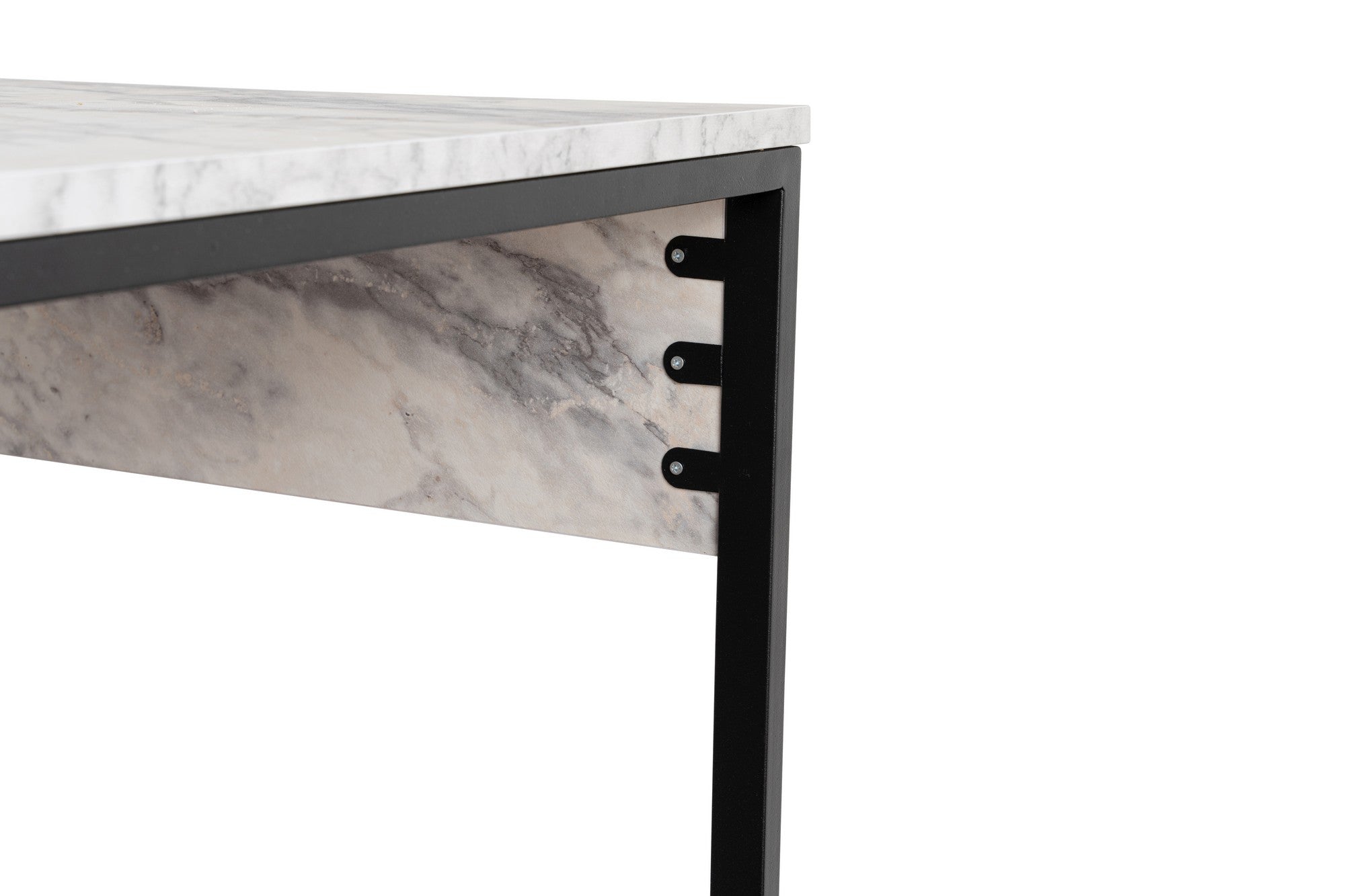 Secretária de Estudo/Escritório elegante com acabamento em mármore, 240 cm | Painel de partículas 100% revestido em melamina, 18 mm de espessura | Pés de metal com revestimento eletrostático a pó | Montável na parede, Frésia e Preto