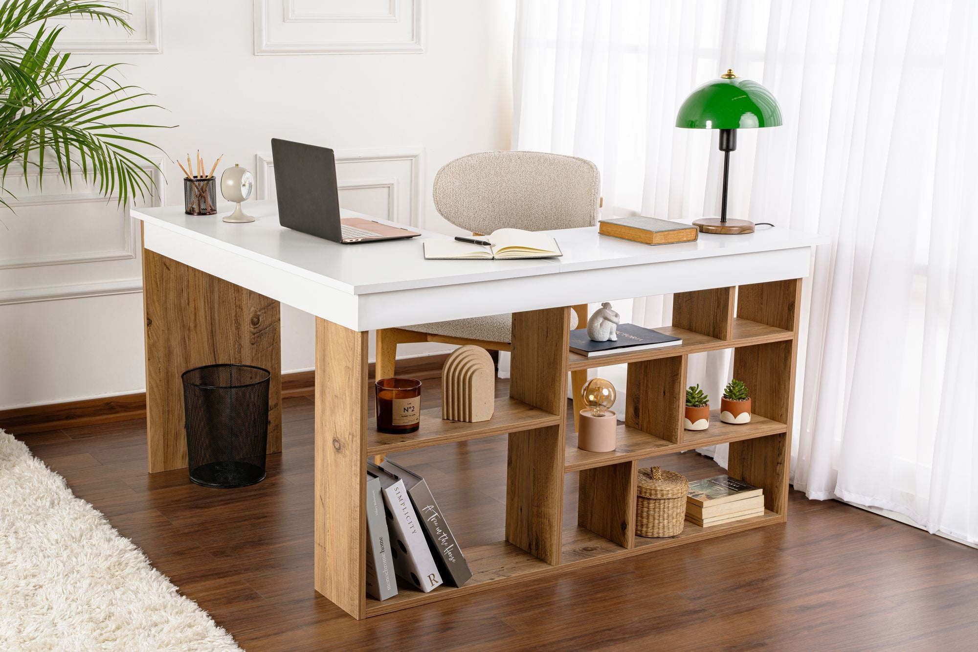 Secretária de Estudo/Escritório Elegante, Branca e Pinho Atlântico, 130 x 72 x 120 cm | Aglomerado 100% Revestido em Melamina, 18 mm de Espessura | Ideal para Escritórios e Escritórios Modernos