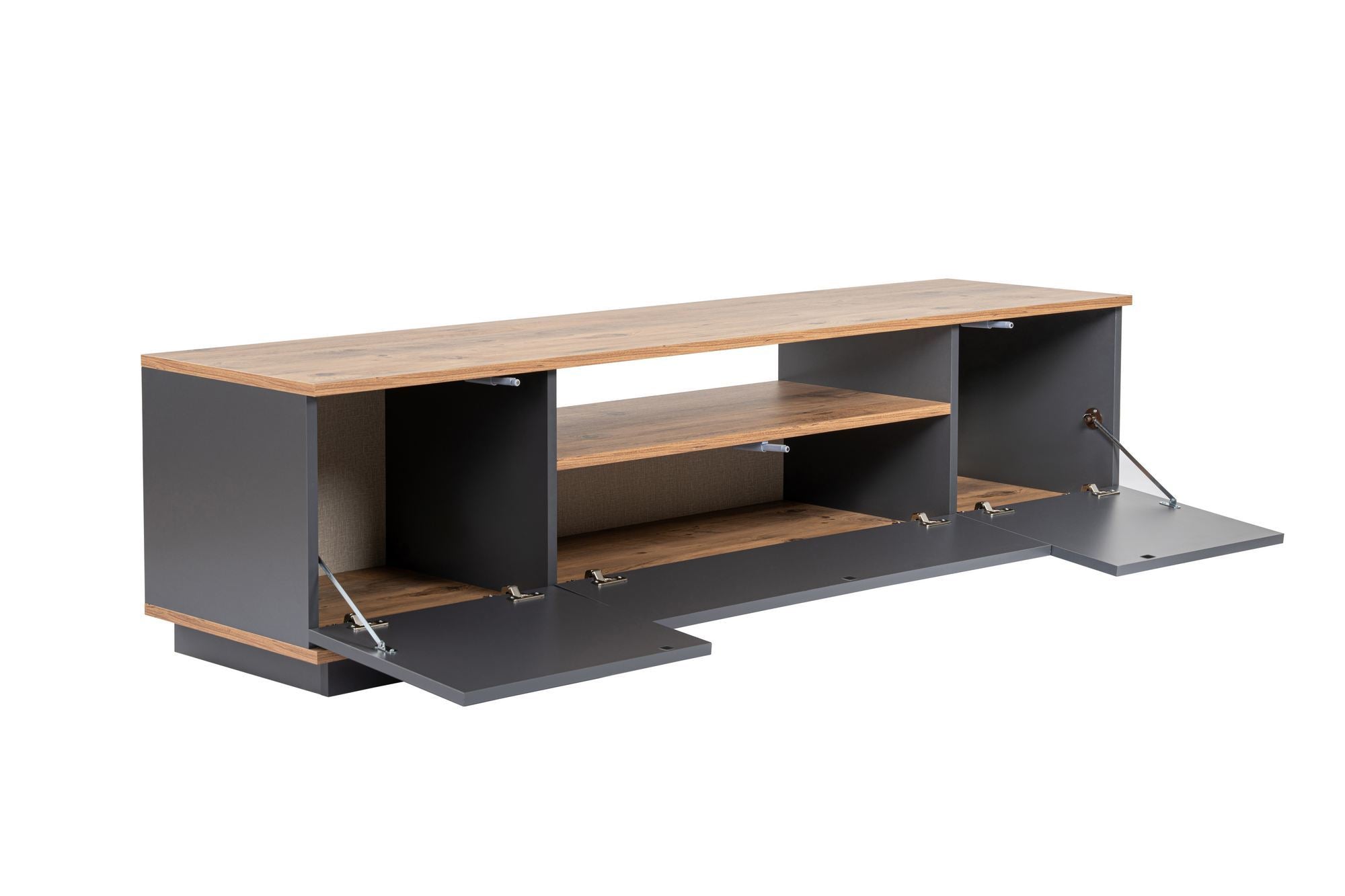 Móvel de TV elegante, 180 cm, antracite e pinho do Atlântico | Painel de partículas 100% revestido de melamina, 18 mm de espessura | Design moderno para salas de estar e espaços de entretenimento