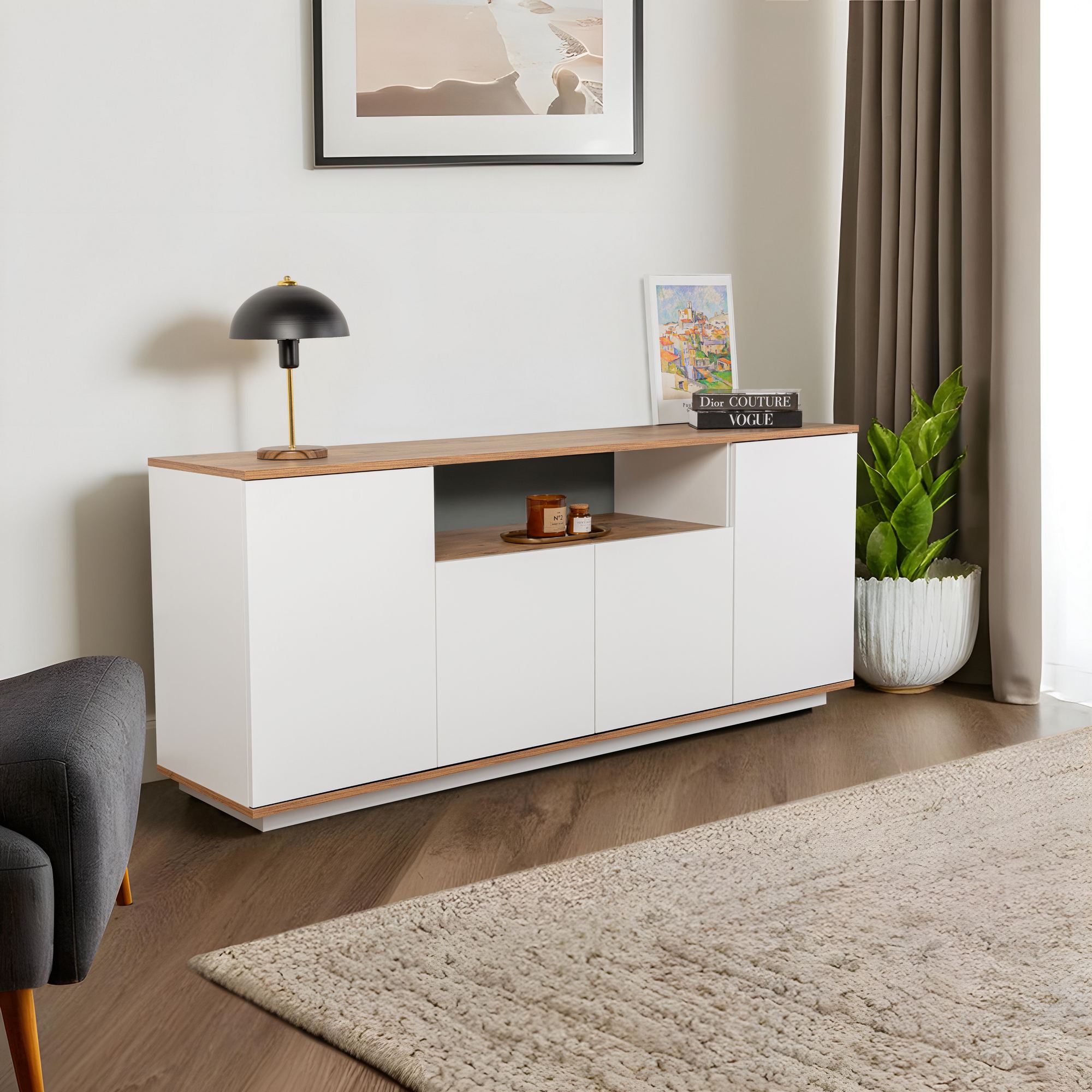 Aparador Elegante, Branco e Pinho Atlântico, 180 x 75 x 44,5 cm | Painel de Partículas 100% Revestido com Melamina, 18 mm de Espessura | Perfeito para Espaços Modernos