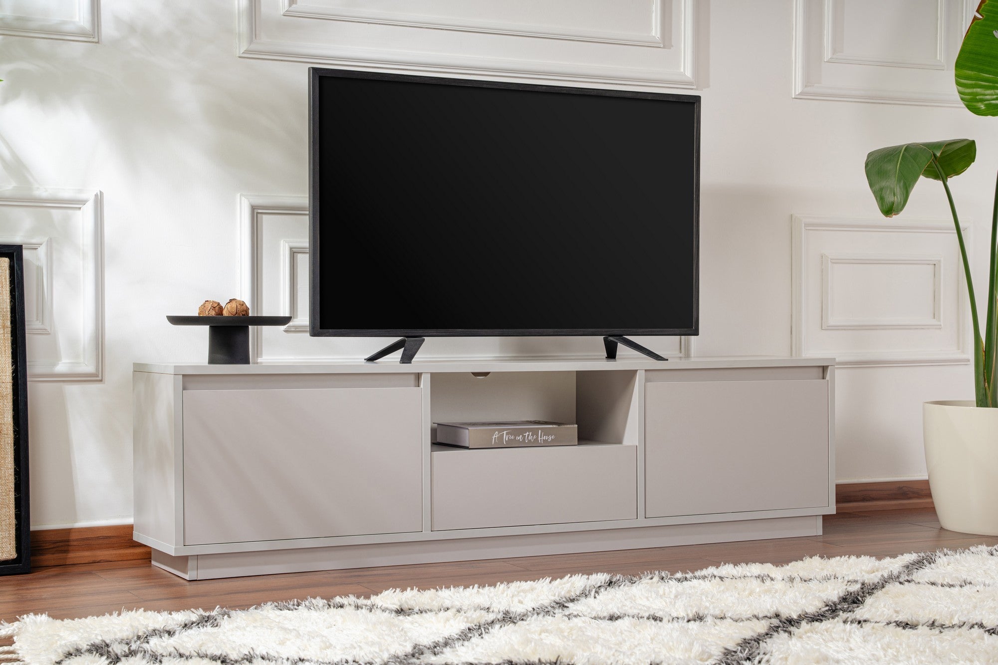 Móvel de TV cinza elegante, 160 cm de largura, 42 cm de altura, 29,5 cm de profundidade | Painel de partículas 100% revestido de melamina, 18 mm de espessura | Perfeito para salas de estar modernas