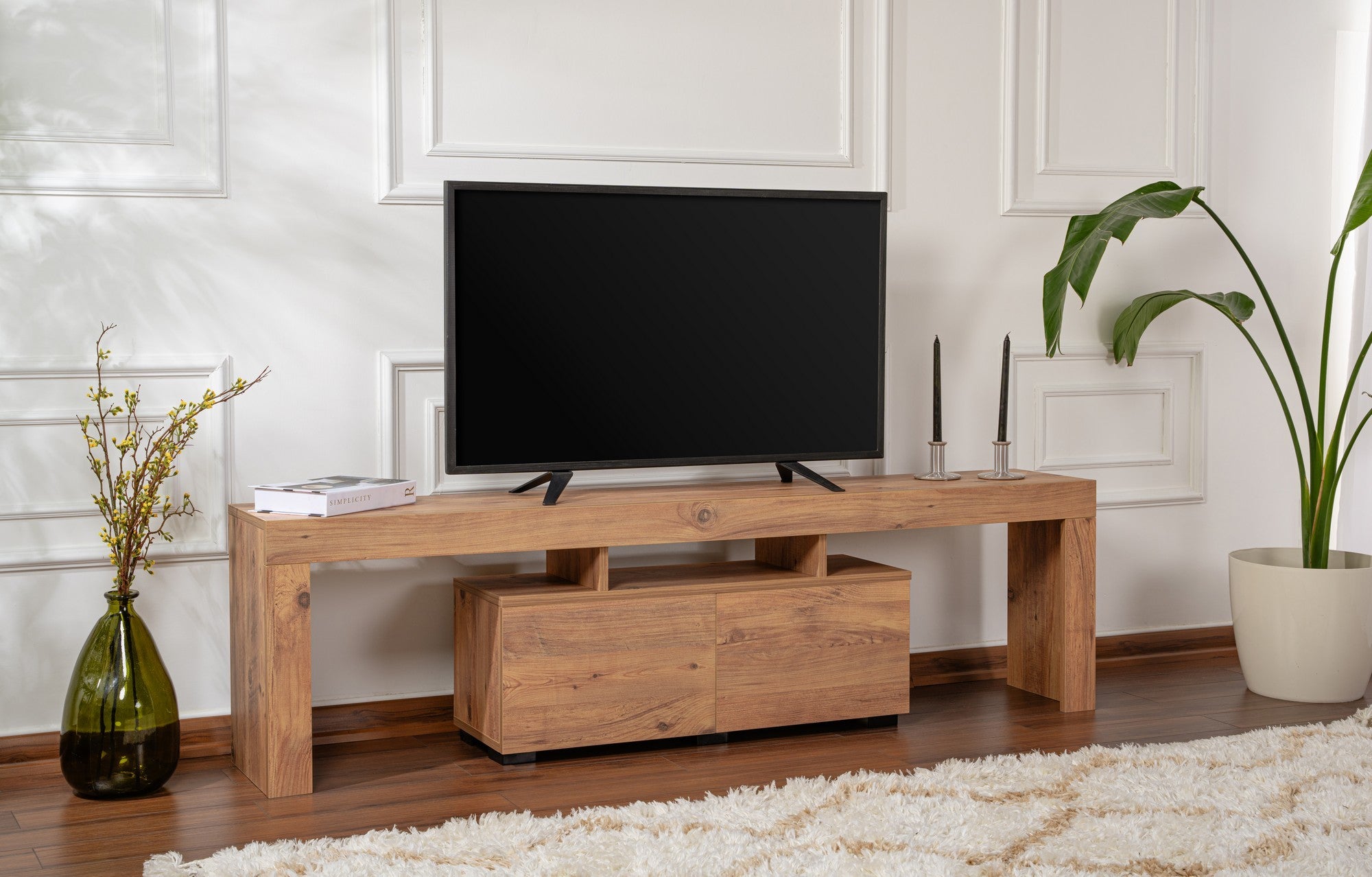Móvel de TV elegante, pinho atlântico, 180 x 50 x 31,3 cm | Painel de partículas 100% revestido de melamina, 18 mm de espessura | Perfeito para salas de estar e espaços de entretenimento modernos