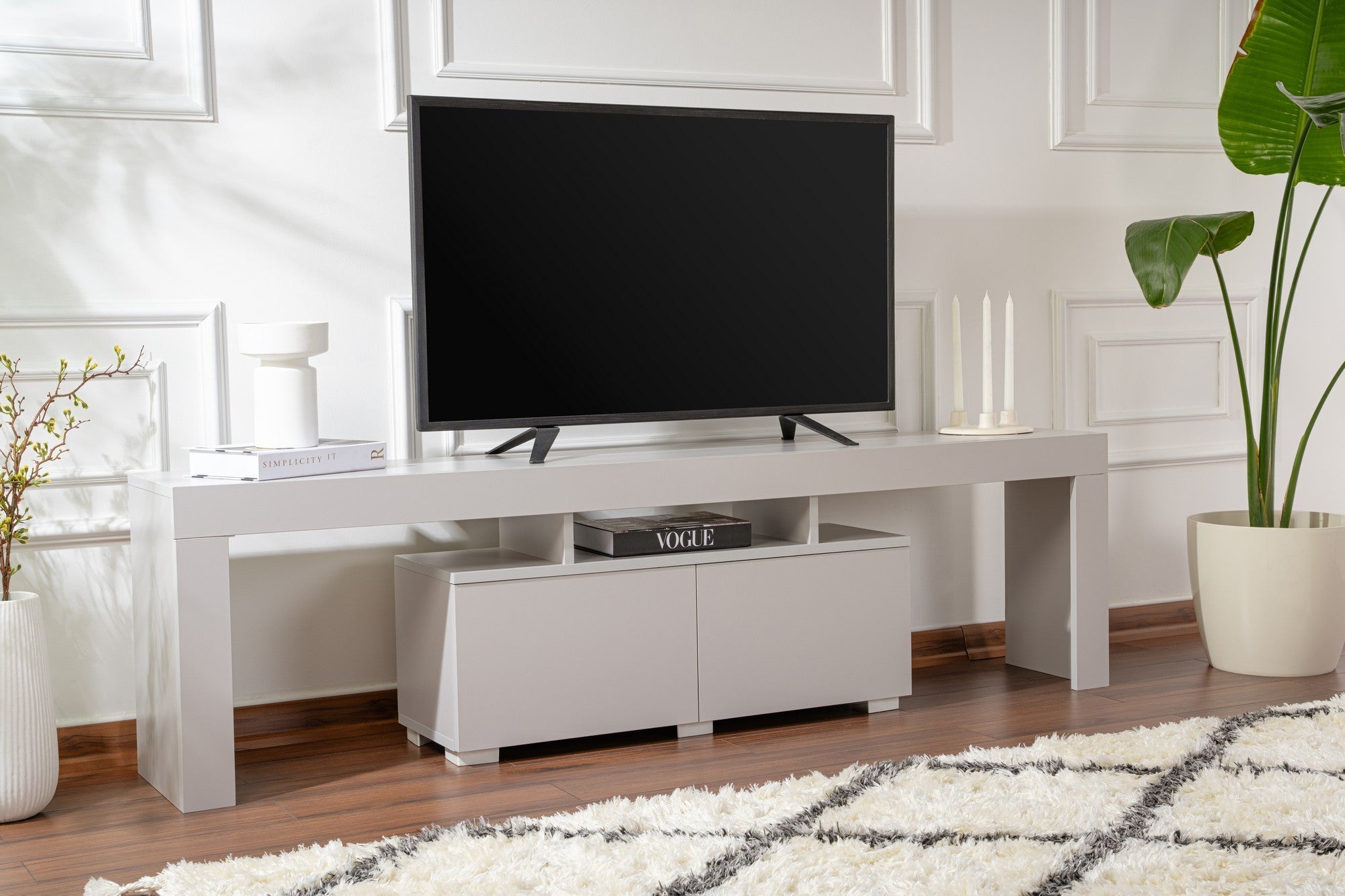 Móvel de TV cinza elegante, 180 cm de largura, 50 cm de altura, 31,3 cm de profundidade | Painel de partículas 100% revestido de melamina, 18 mm de espessura | Perfeito para salas de estar modernas