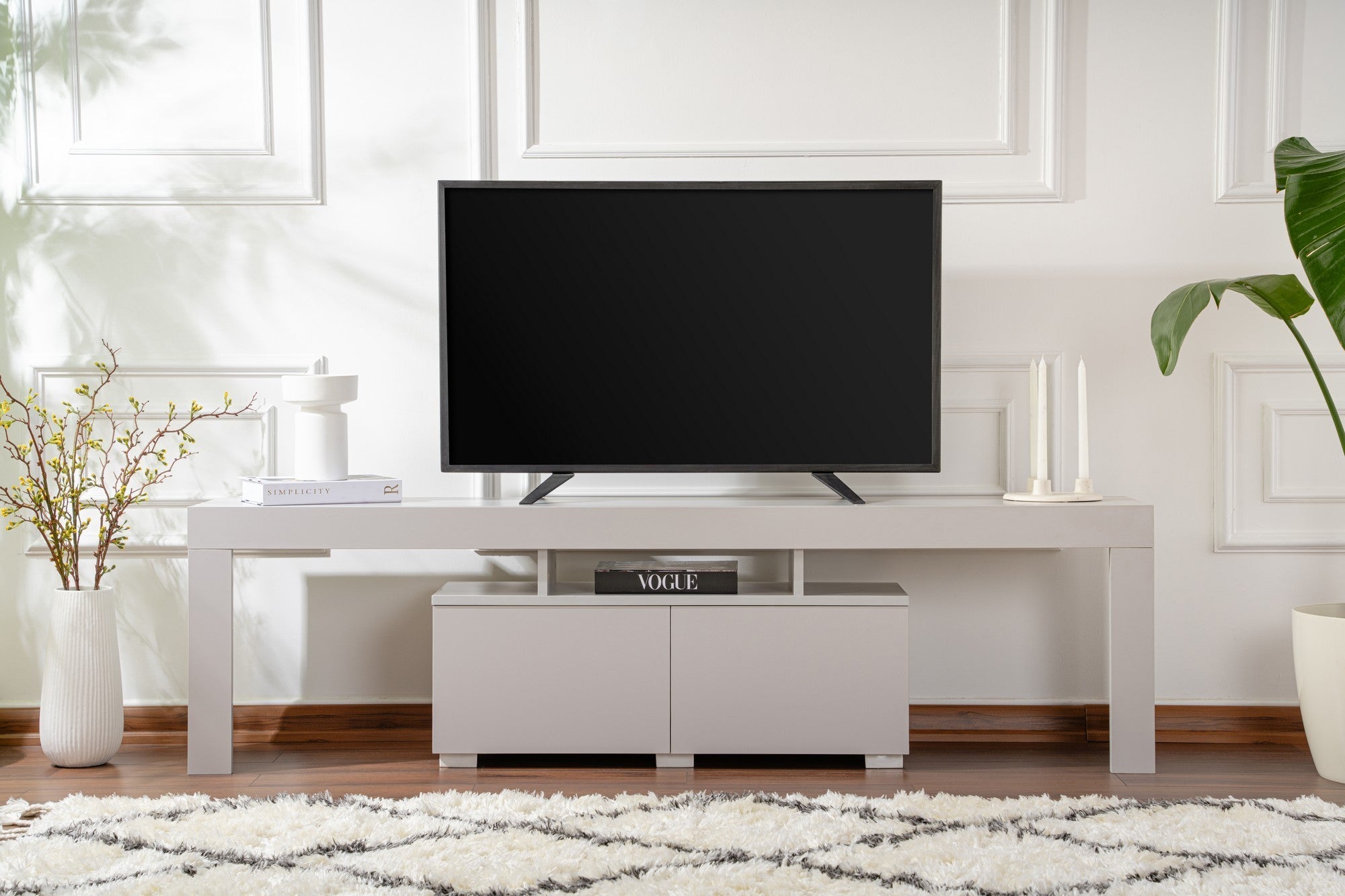 Móvel de TV cinza elegante, 180 cm de largura, 50 cm de altura, 31,3 cm de profundidade | Painel de partículas 100% revestido de melamina, 18 mm de espessura | Perfeito para salas de estar modernas