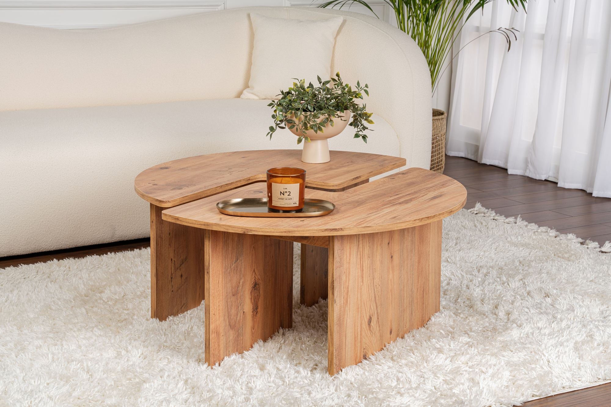 Mesa de Centro Elegante, Ø90 cm, 41 cm de Altura | Painel de Partículas 100% Revestido em Melamina, 18 mm de Espessura | Acabamento em Pinho Atlântico, Perfeita para Espaços Modernos