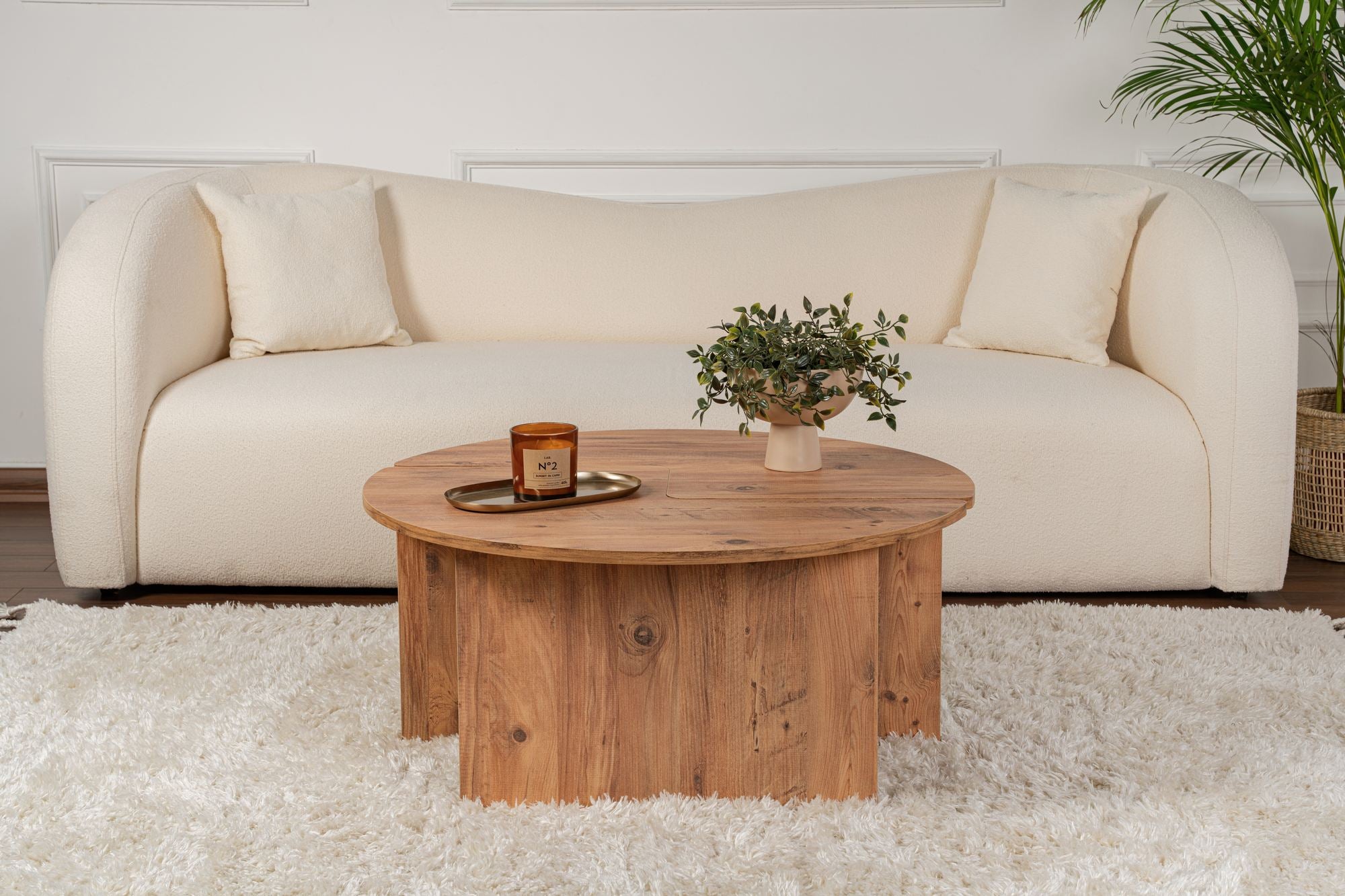Mesa de Centro Elegante, Ø90 cm, 41 cm de Altura | Painel de Partículas 100% Revestido em Melamina, 18 mm de Espessura | Acabamento em Pinho Atlântico, Perfeita para Espaços Modernos