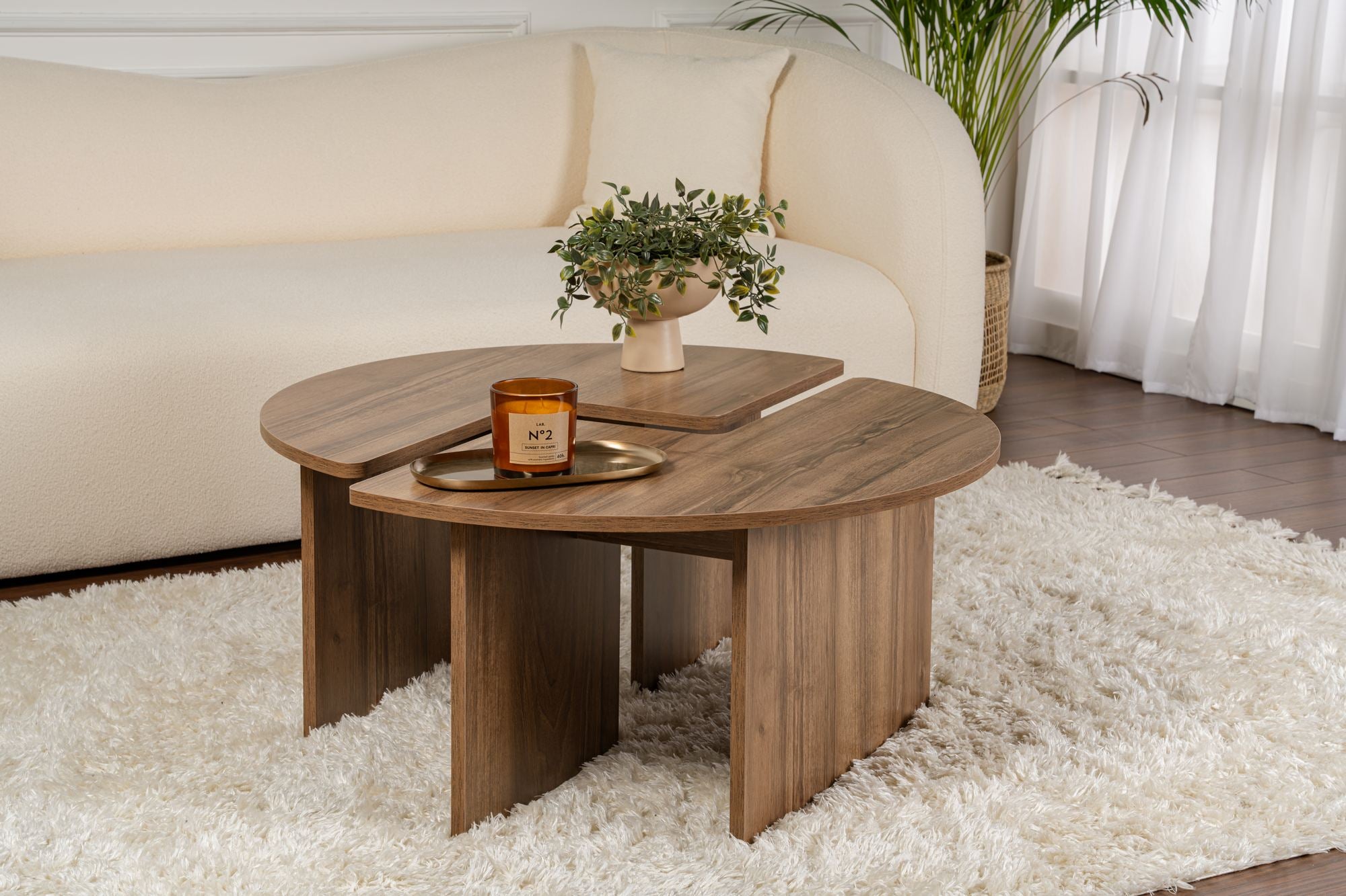 Mesa de Centro Elegante em Nogueira, Ø90 cm, 41 cm de Altura | Painel de Partículas 100% Revestido em Melamina, 18 mm de Espessura | Elegante e Durável para Espaços Modernos