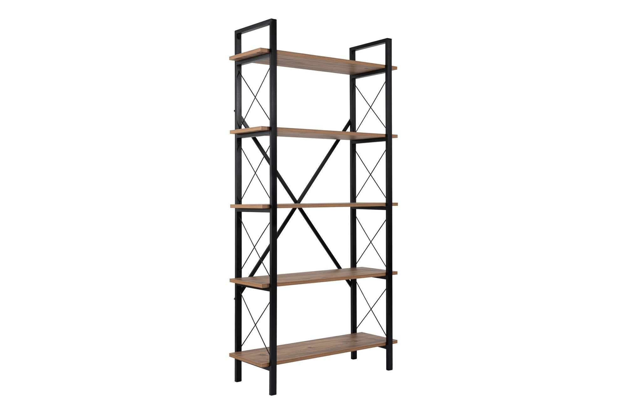 Estante elegante com estrutura de metal, pinho atlântico e preto, 90 x 180 x 33,5 cm | 100% revestida em melamina, para montagem na parede, design durável para espaços modernos