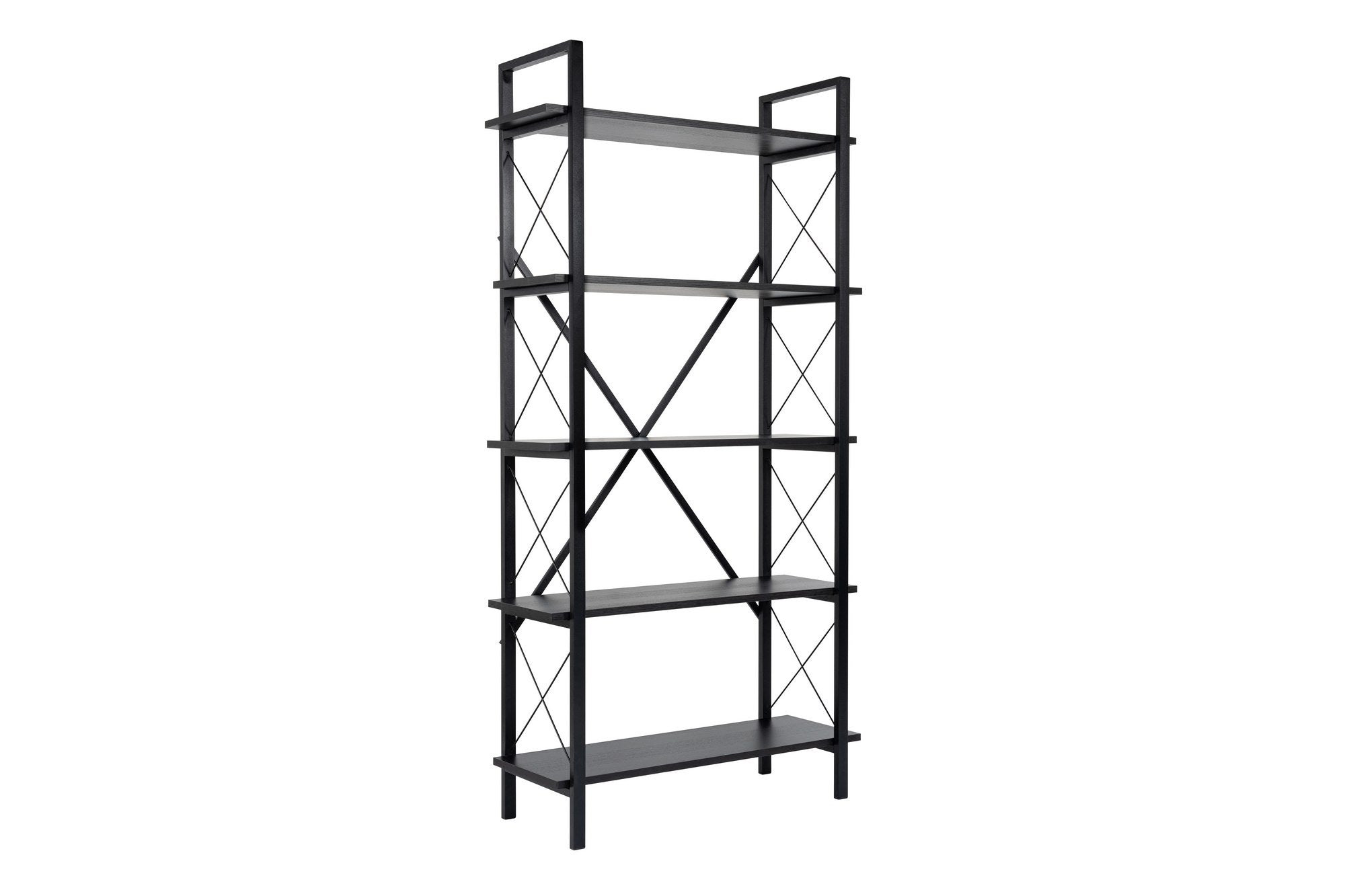 Estante elegante preta com estrutura de metal, 90 x 180 x 33,5 cm | Painel de partículas 100% revestido de melamina | Design durável e funcional para montagem na parede