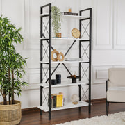Estante elegante com estrutura de metal, 90 x 180 x 33,5 cm | Painel de partículas 100% revestido de melamina, montável na parede, branco e preto | Perfeita para armazenamento em casa e no escritório