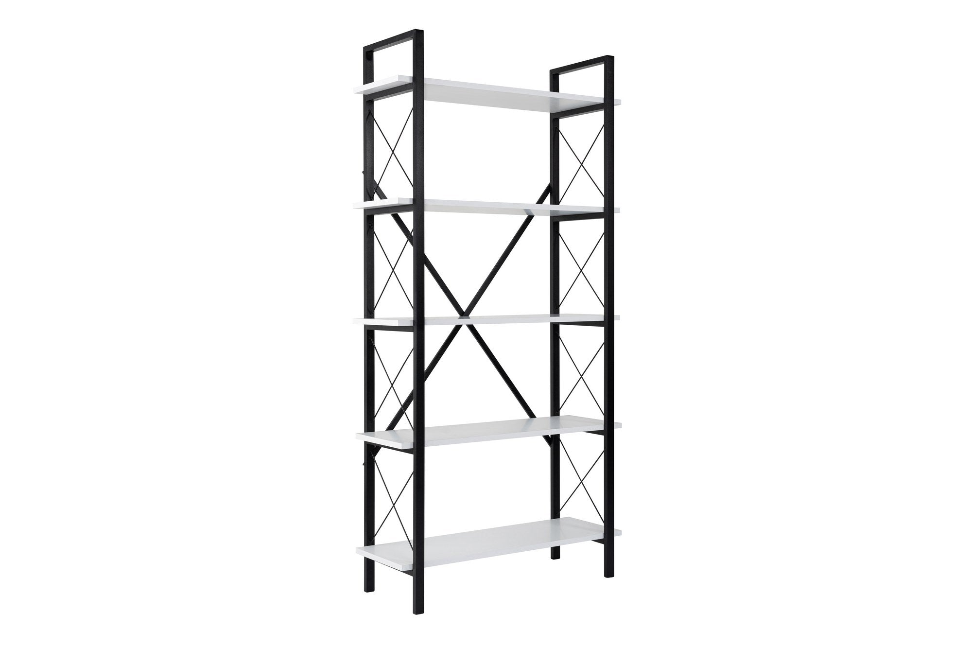 Estante elegante com estrutura de metal, 90 x 180 x 33,5 cm | Painel de partículas 100% revestido de melamina, montável na parede, branco e preto | Perfeita para armazenamento em casa e no escritório