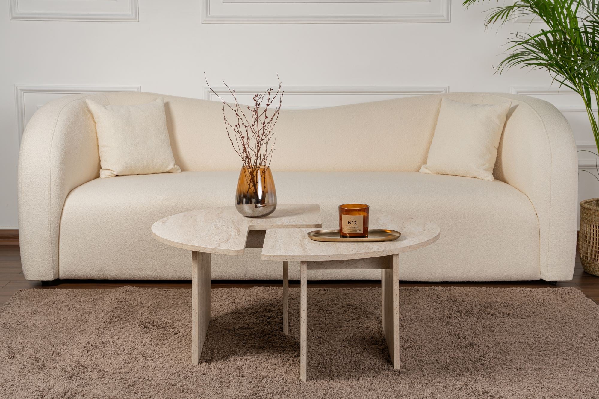 Mesa de Centro Elegante, Ø90 cm, 41 cm de Altura | Painel de Partículas 100% Revestido em Melamina, 18 mm de Espessura | Acabamento Elegante em Mármore Travertino para Espaços Modernos