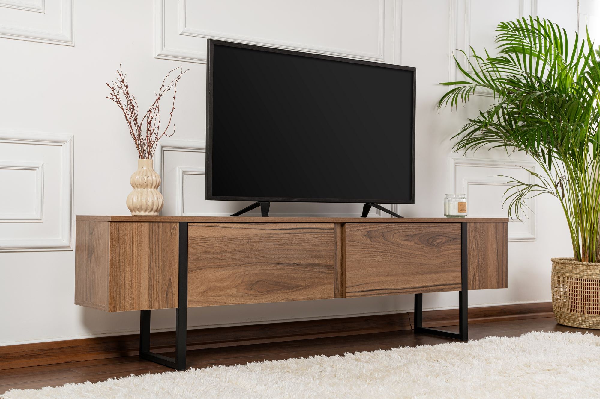 Móvel de TV elegante, nogueira e preto, 180 x 50 x 29,5 cm | Painel de partículas 100% revestido de melamina, 18 mm de espessura | Design moderno para salas de estar e espaços de entretenimento
