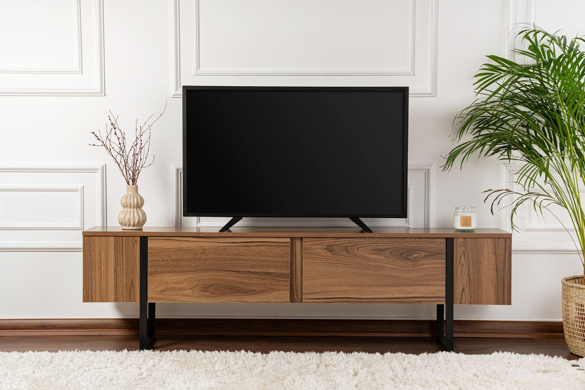Móvel de TV elegante, nogueira e preto, 180 x 50 x 29,5 cm | Painel de partículas 100% revestido de melamina, 18 mm de espessura | Design moderno para salas de estar e espaços de entretenimento