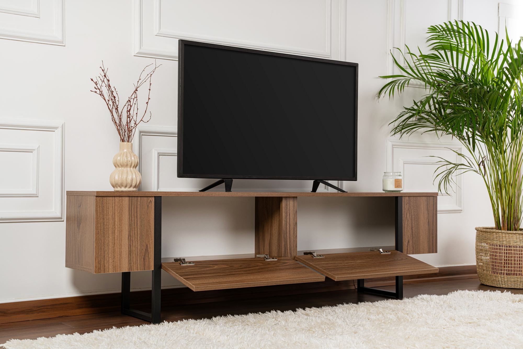 Móvel de TV elegante, nogueira e preto, 180 x 50 x 29,5 cm | Painel de partículas 100% revestido de melamina, 18 mm de espessura | Design moderno para salas de estar e espaços de entretenimento