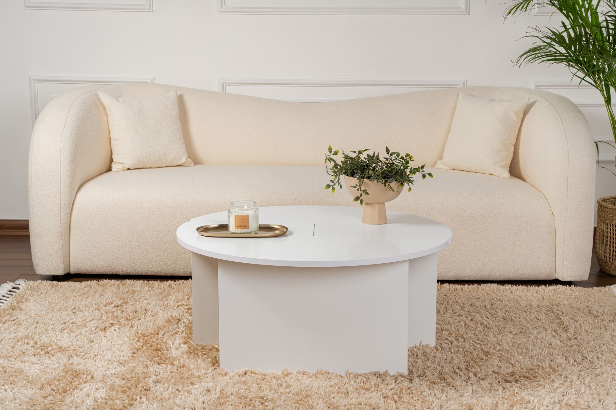 Mesa de Centro Elegante, Branco Natural, Ø90 cm x 41 cm | Painel de Partículas 100% Revestido em Melamina, 18 mm de Espessura | Elegante e Funcional para Espaços Modernos