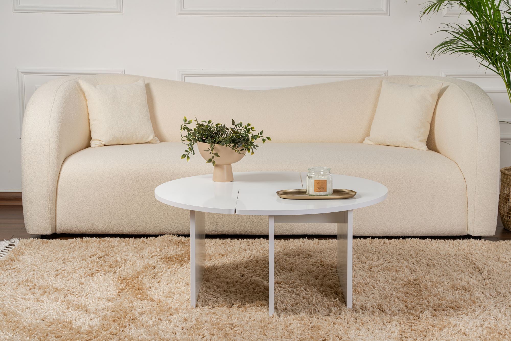 Mesa de Centro Elegante, Branco Natural, Ø90 cm x 41 cm | Painel de Partículas 100% Revestido em Melamina, 18 mm de Espessura | Elegante e Funcional para Espaços Modernos