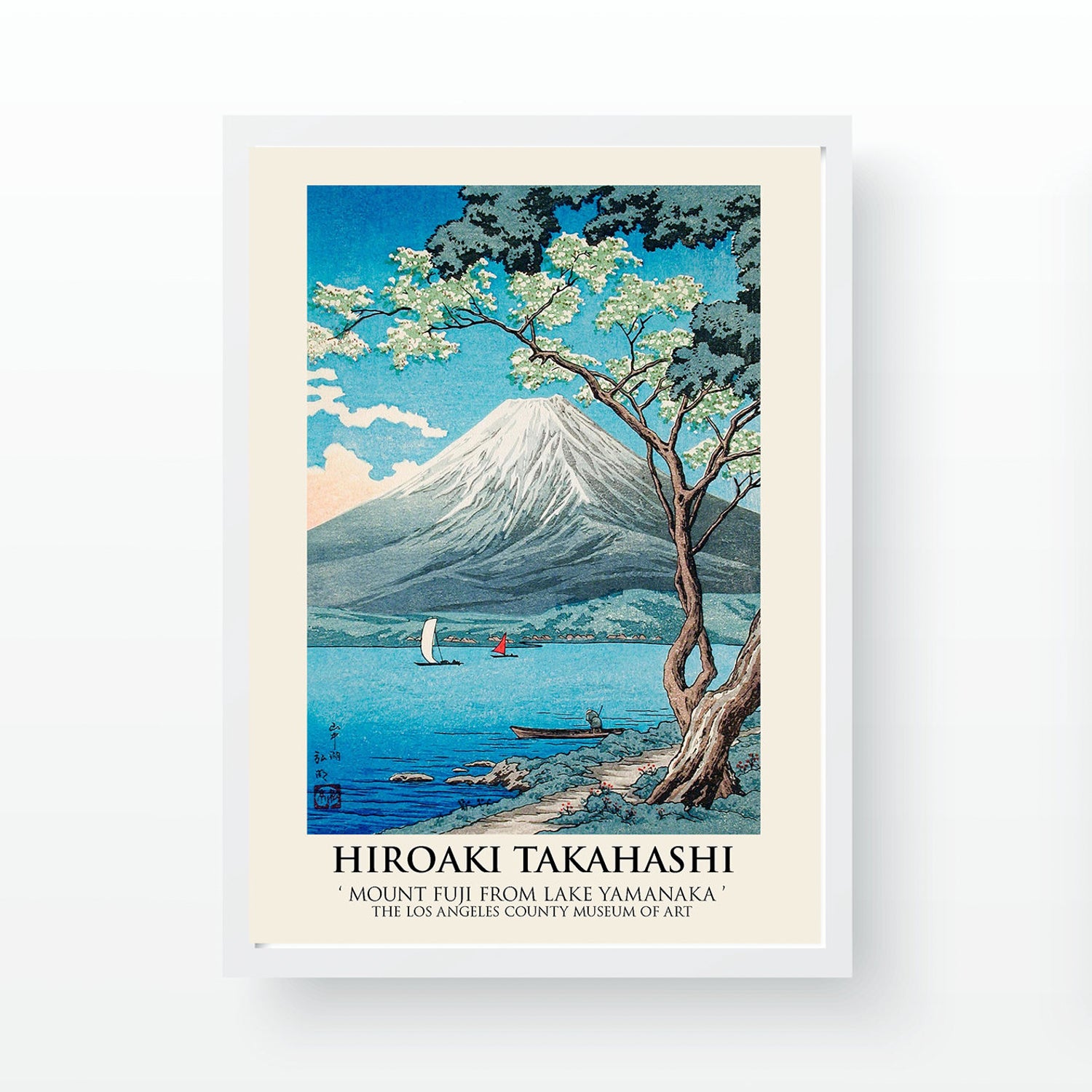 Pintura decorativa emoldurada "Monte Fuji visto do Lago Yamanaka" de Hiroaki Takahashi, 55 x 75 cm | Moldura 100% madeira, impressão digital UV, arte elegante