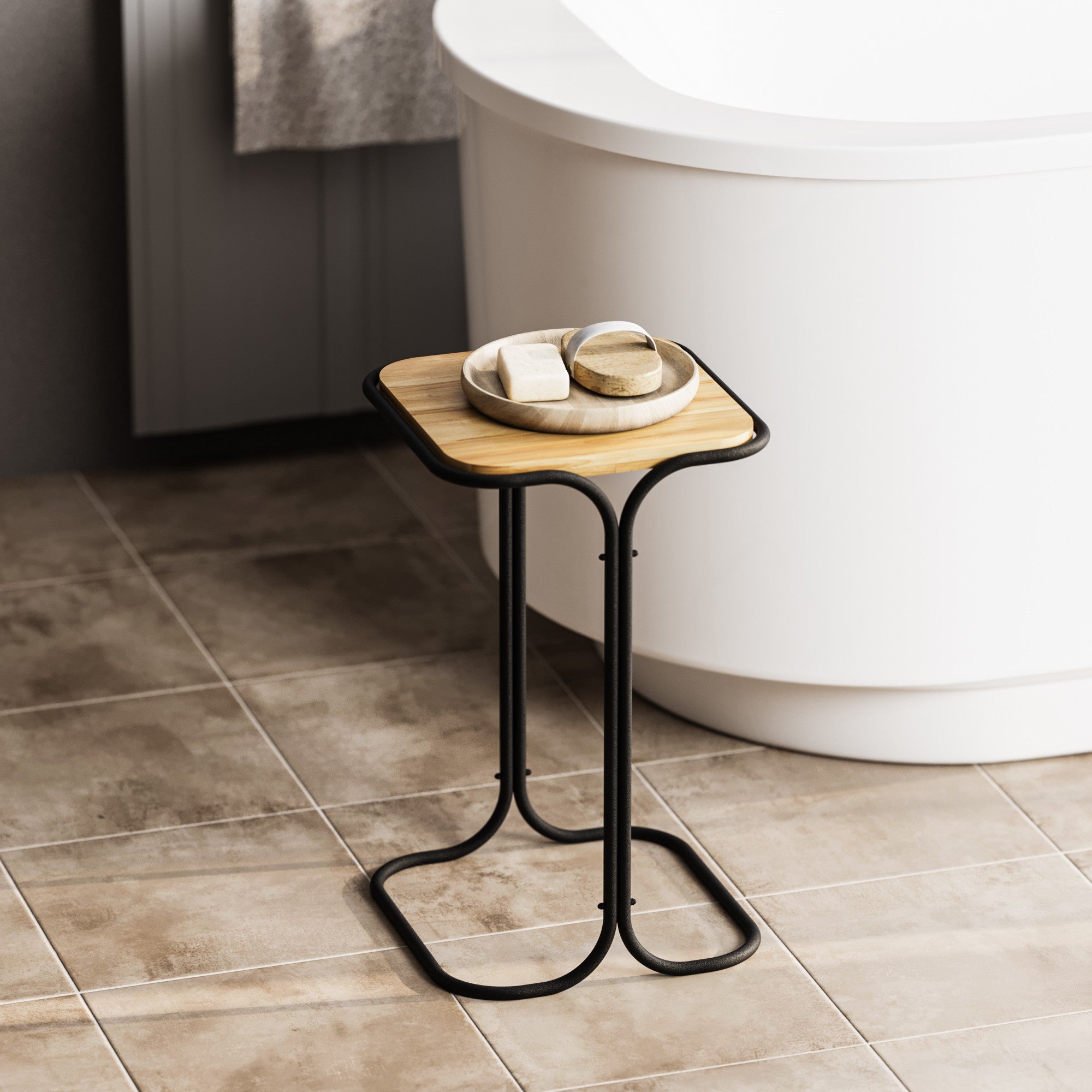 Mesa de Centro – 30 cm x 52 cm x 30 cm – Preto e Natural – Madeira com estrutura metálica