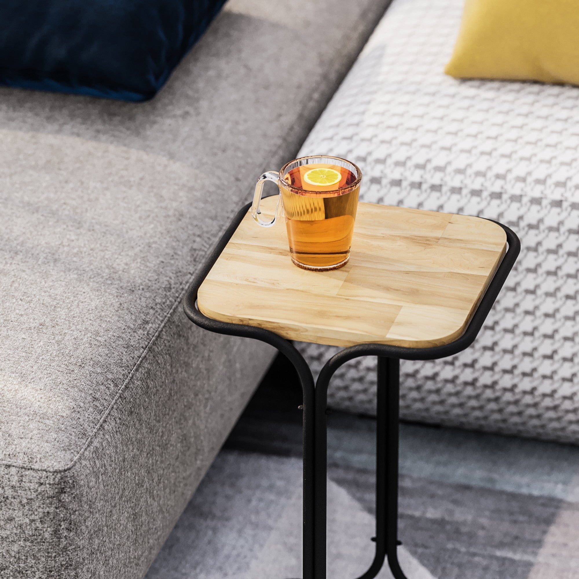 Mesa de Centro – 30 cm x 52 cm x 30 cm – Preto e Natural – Madeira com estrutura metálica