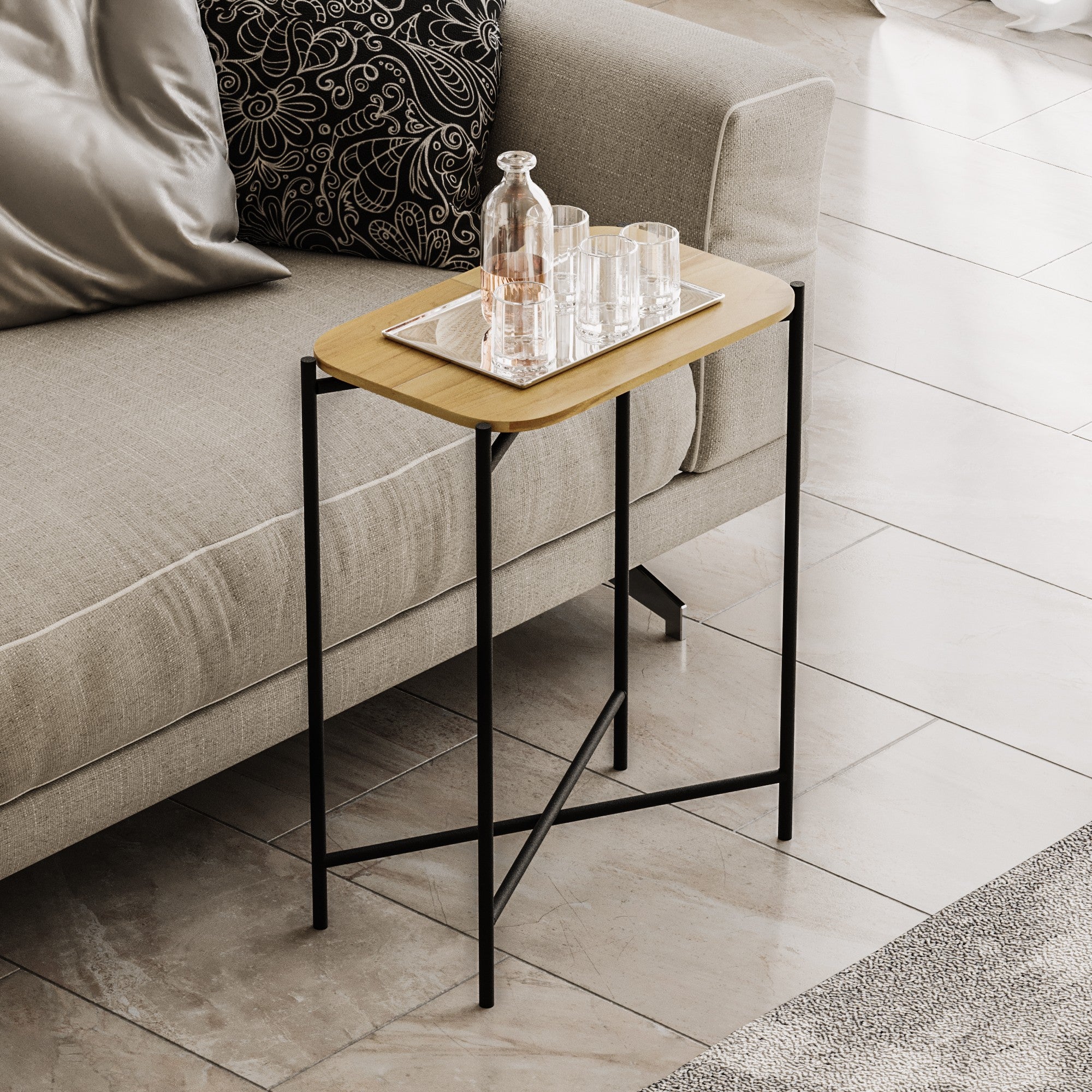 Mesa de Centro – 40 cm largura, 56 cm altura, 26 cm profundidade – Preto e Natural – Madeira com estrutura metálica