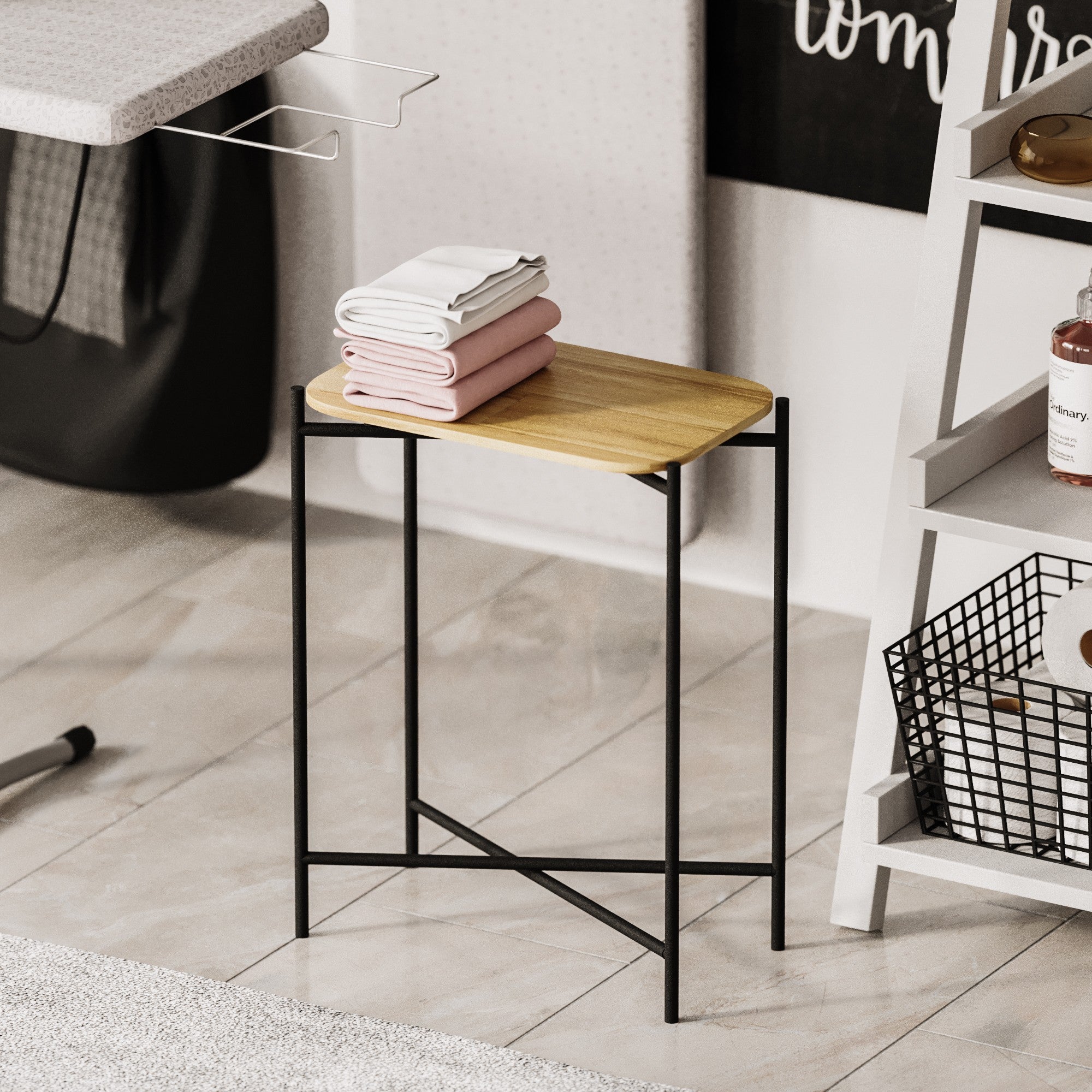 Mesa de Centro – 40 cm largura, 56 cm altura, 26 cm profundidade – Preto e Natural – Madeira com estrutura metálica