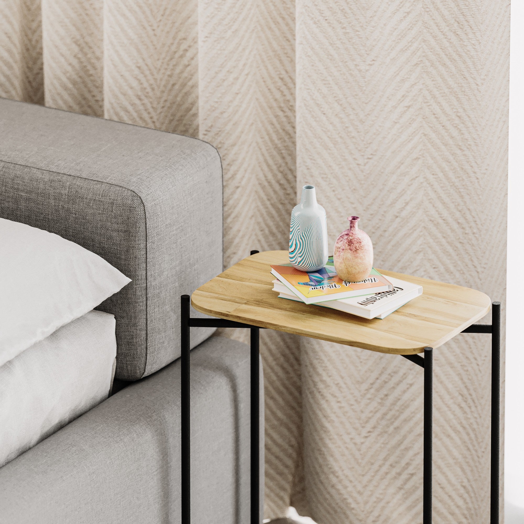 Mesa de Centro – 40 cm largura, 56 cm altura, 26 cm profundidade – Preto e Natural – Madeira com estrutura metálica