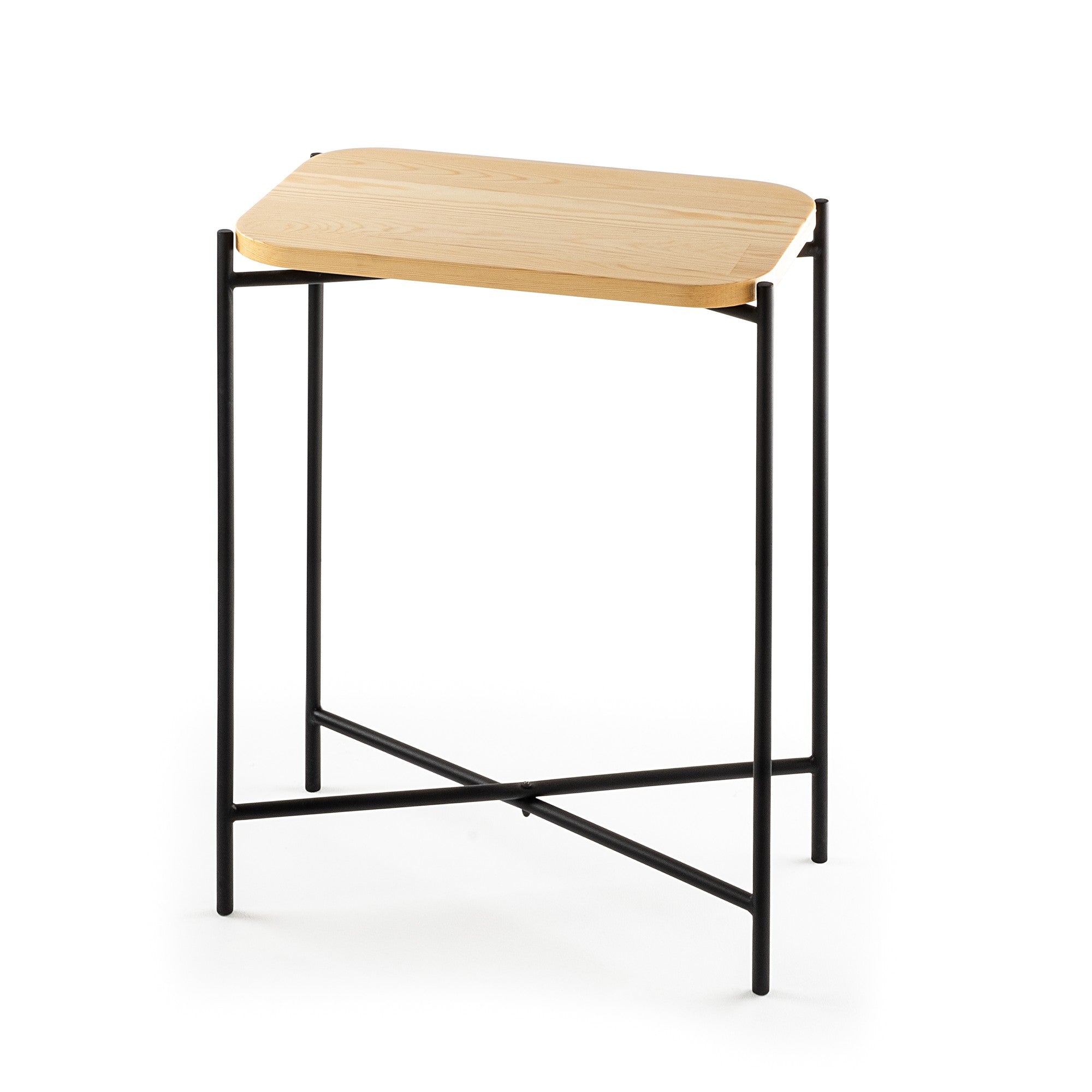 Mesa de Centro – 40 cm largura, 56 cm altura, 26 cm profundidade – Preto e Natural – Madeira com estrutura metálica