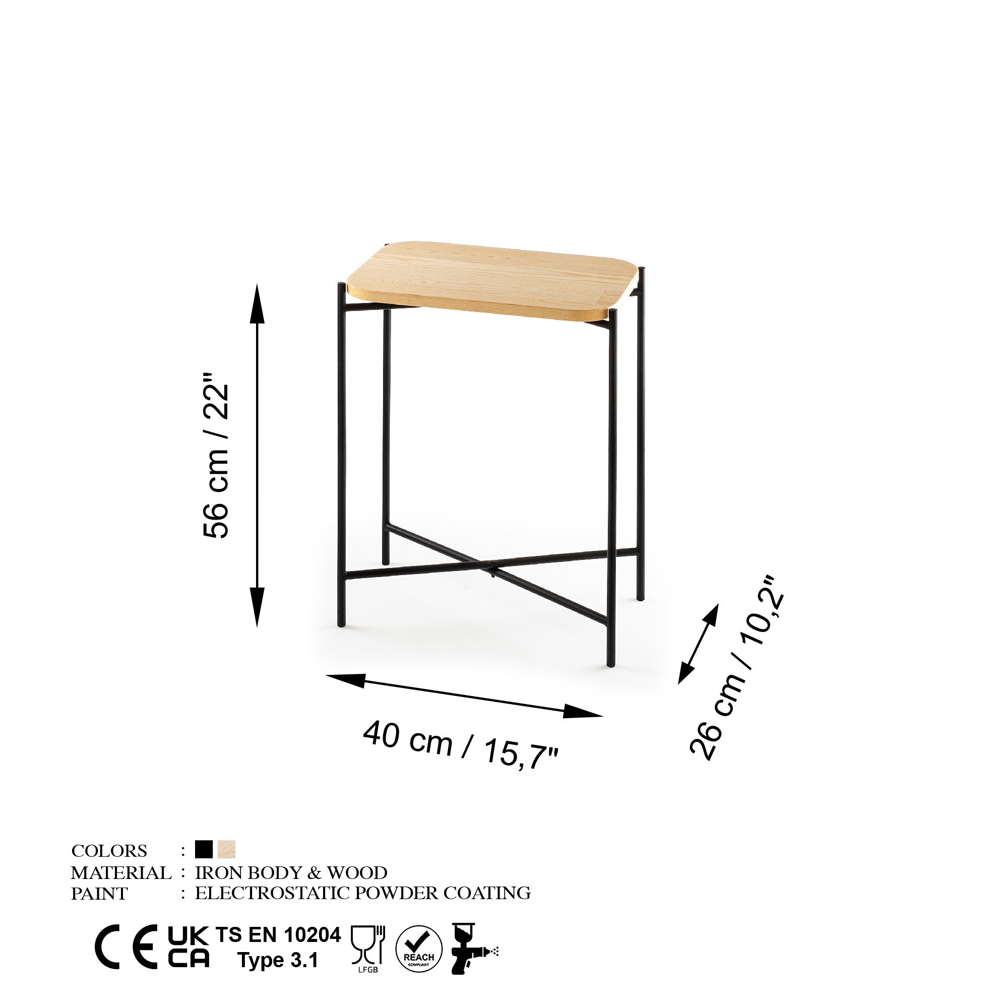 Mesa de Centro – 40 cm largura, 56 cm altura, 26 cm profundidade – Preto e Natural – Madeira com estrutura metálica