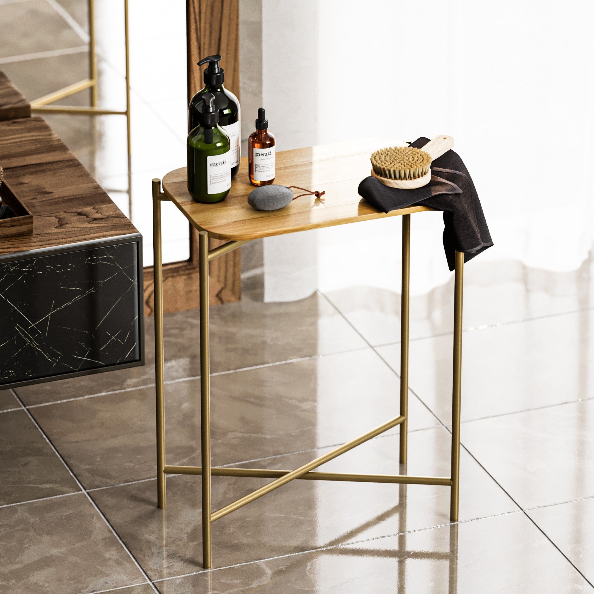 Mesa de Centro – 40 x 26 x 56 cm – Dourado e Natural – 100% Madeira