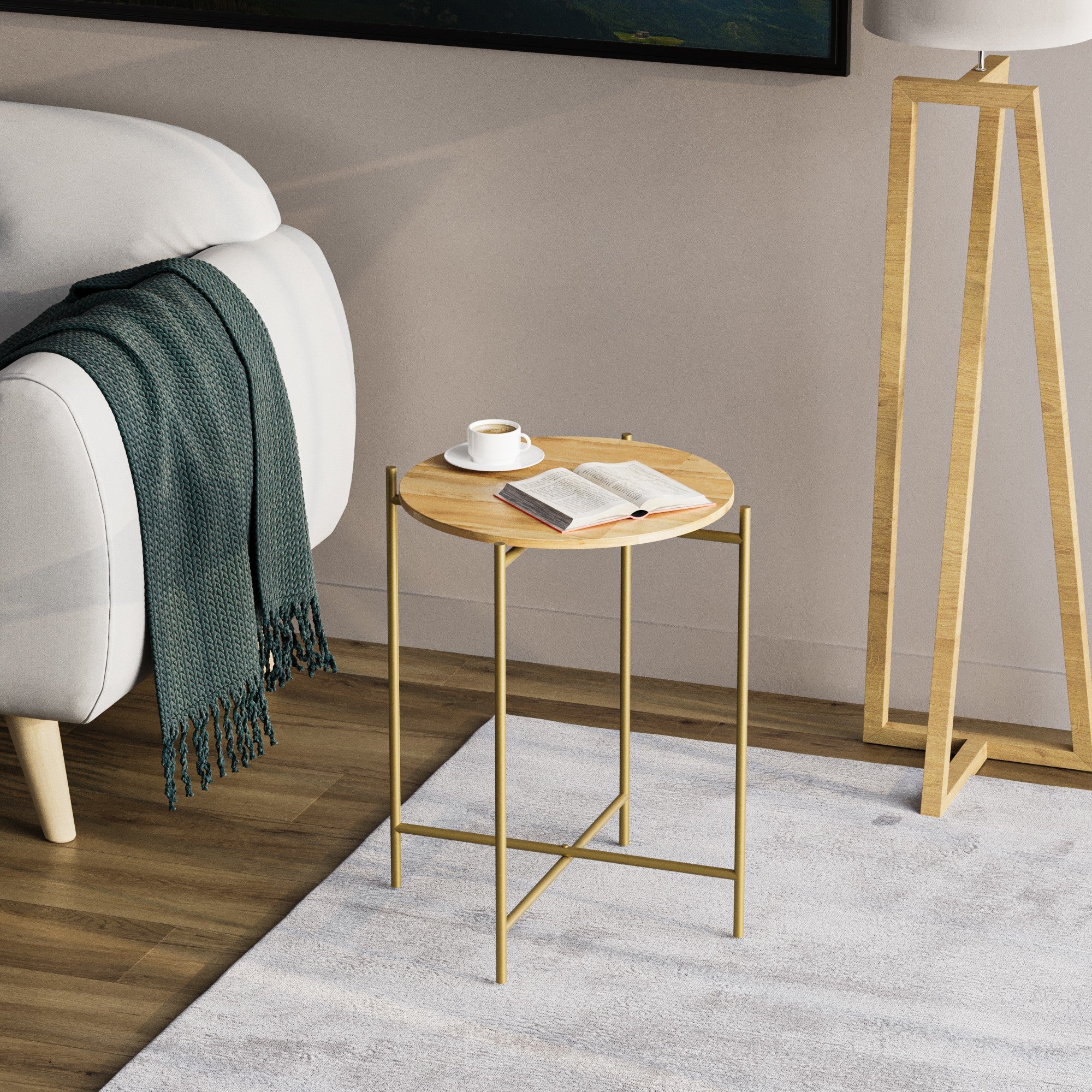 Mesa de Centro – 46 cm x 56 cm x 46 cm – Dourado e Natural – Madeira