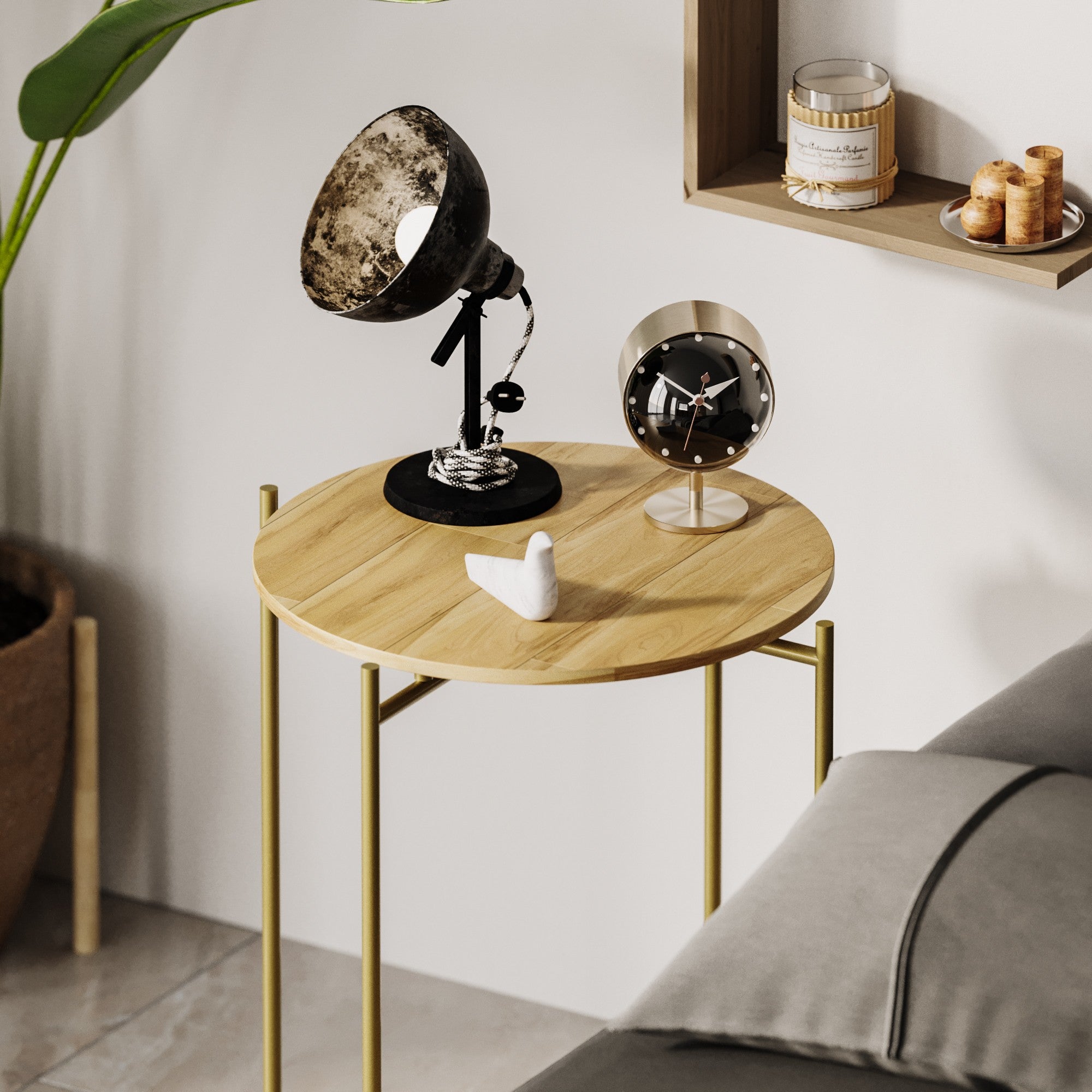 Mesa de Centro – 46 cm x 56 cm x 46 cm – Dourado e Natural – Madeira