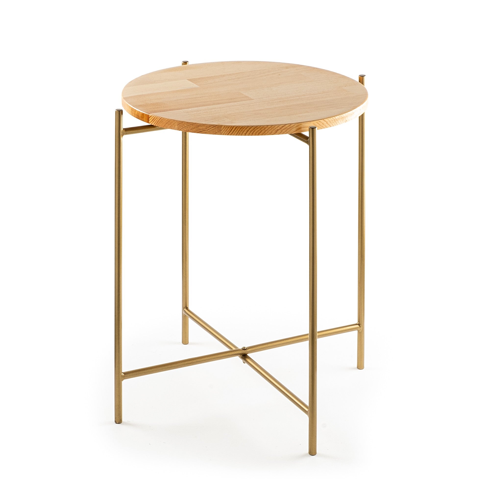 Mesa de Centro – 46 cm x 56 cm x 46 cm – Dourado e Natural – Madeira