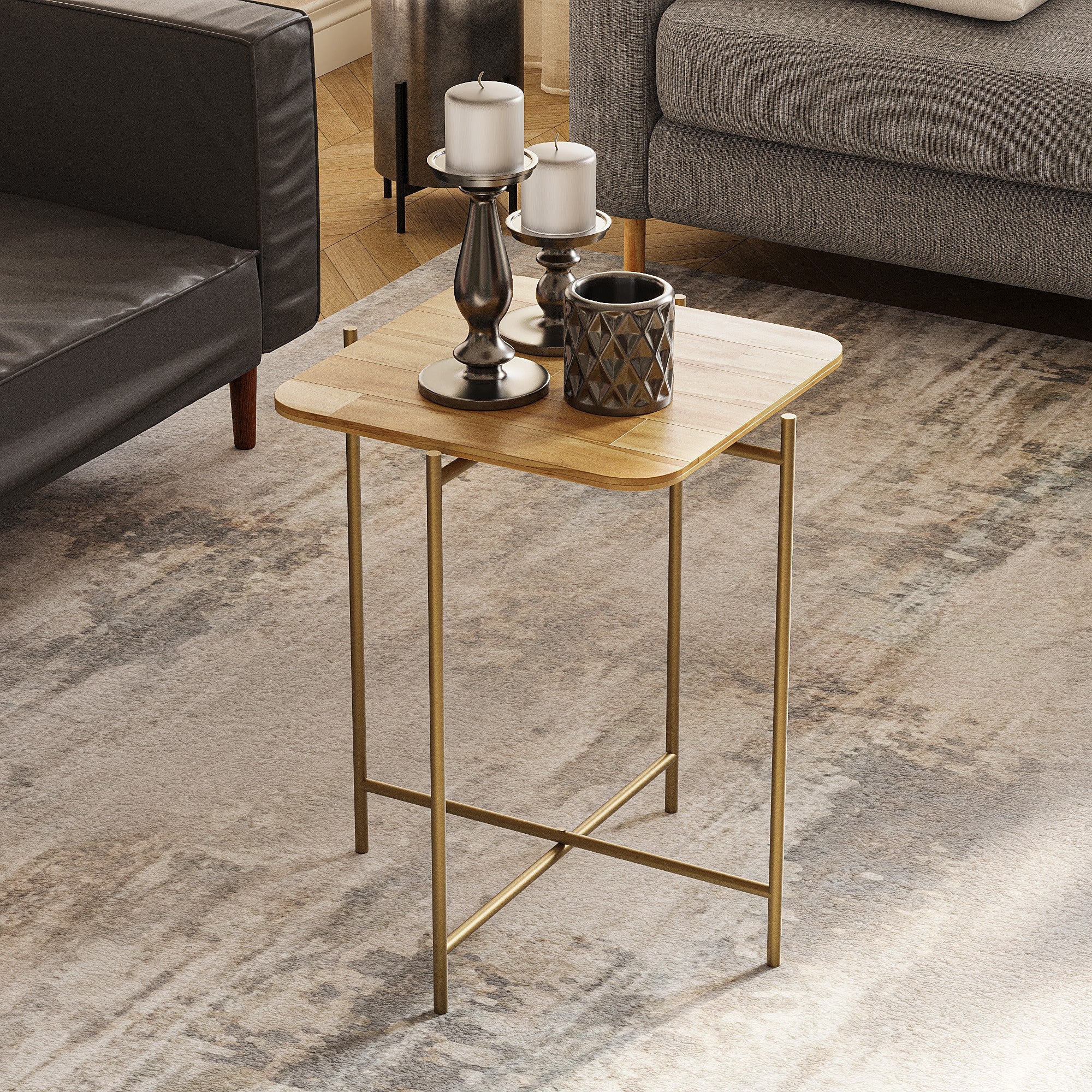 Mesa de Centro – 46 cm x 56 cm x 46 cm – Dourado e Natural – Madeira