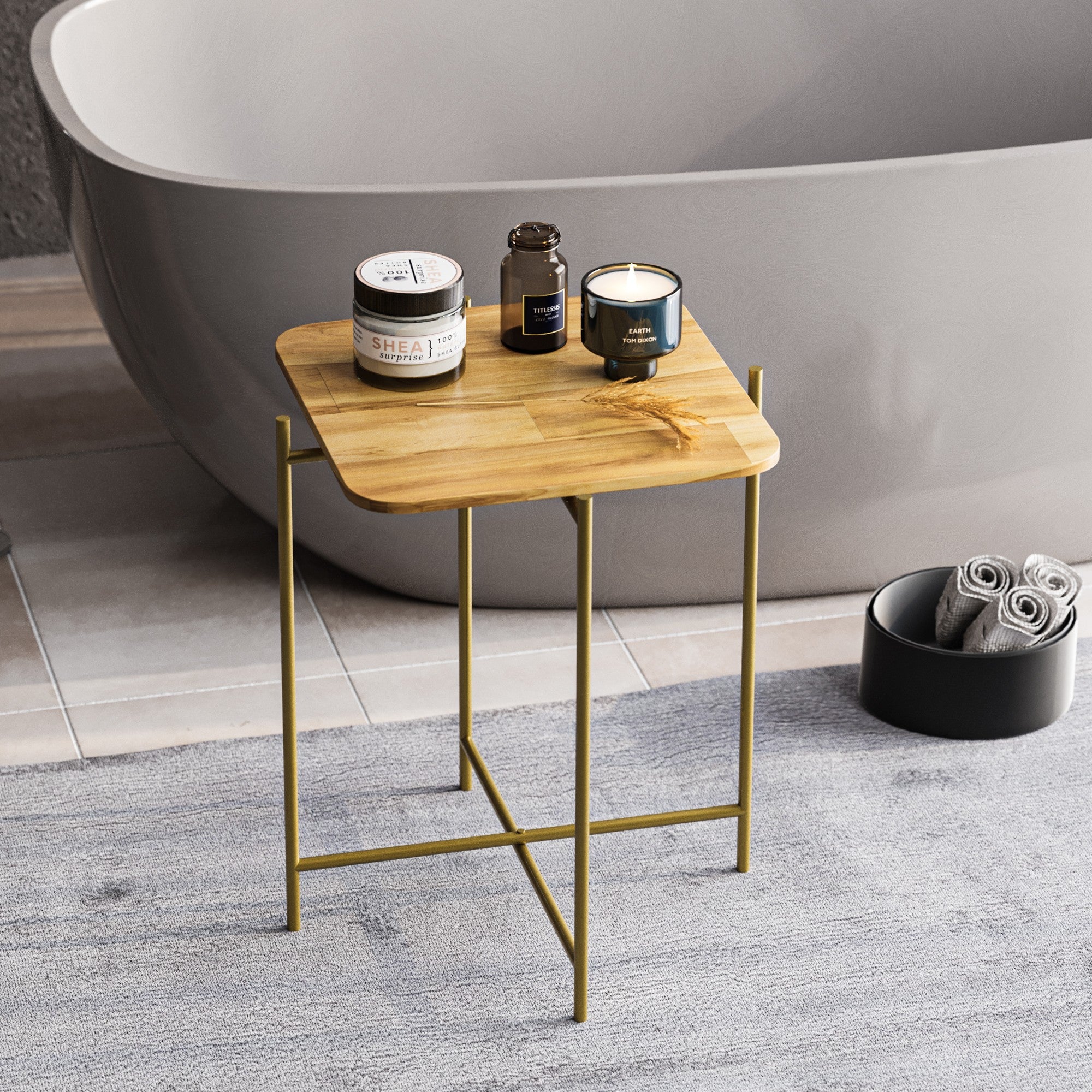 Mesa de Centro – 46 cm x 56 cm x 46 cm – Dourado e Natural – Madeira