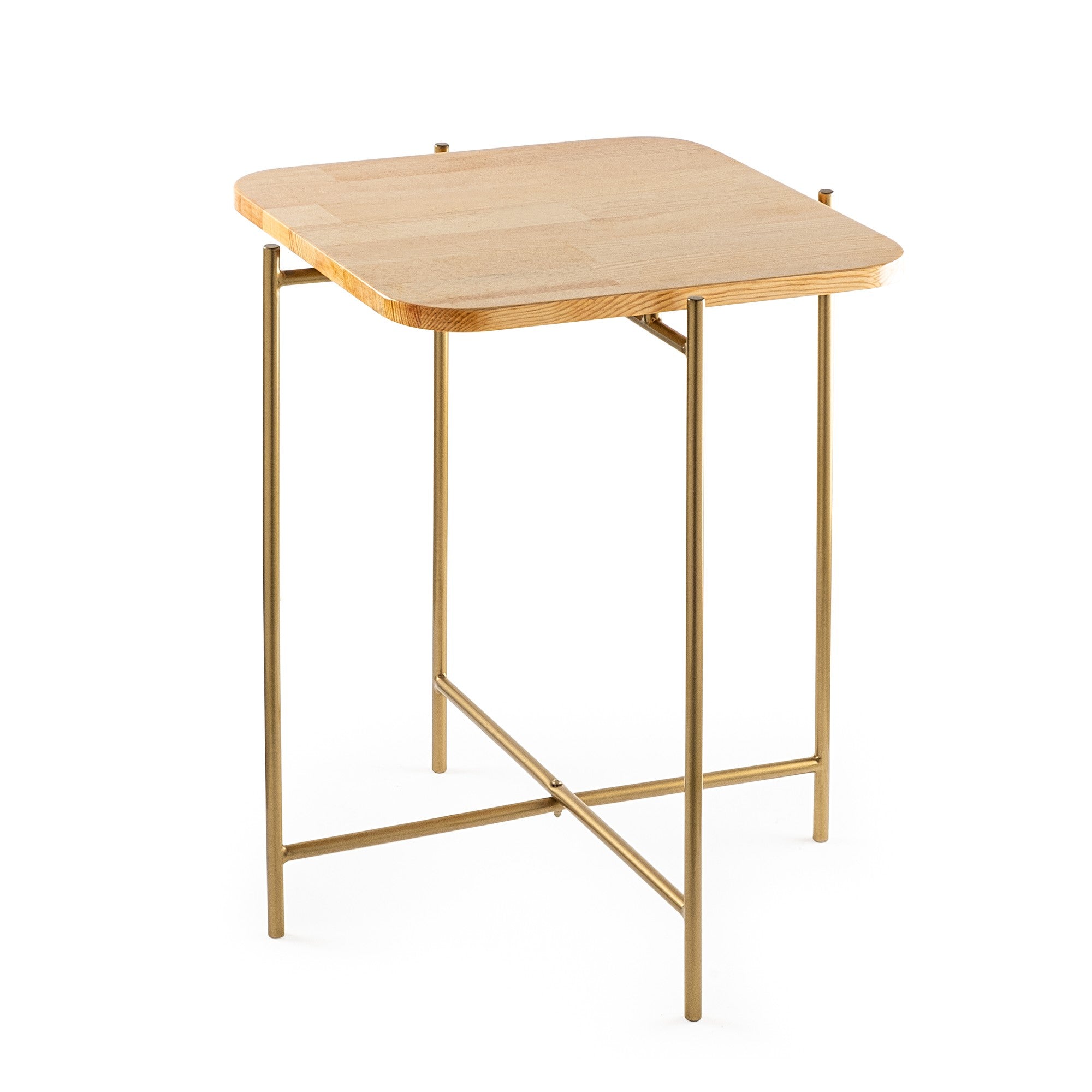 Mesa de Centro – 46 cm x 56 cm x 46 cm – Dourado e Natural – Madeira