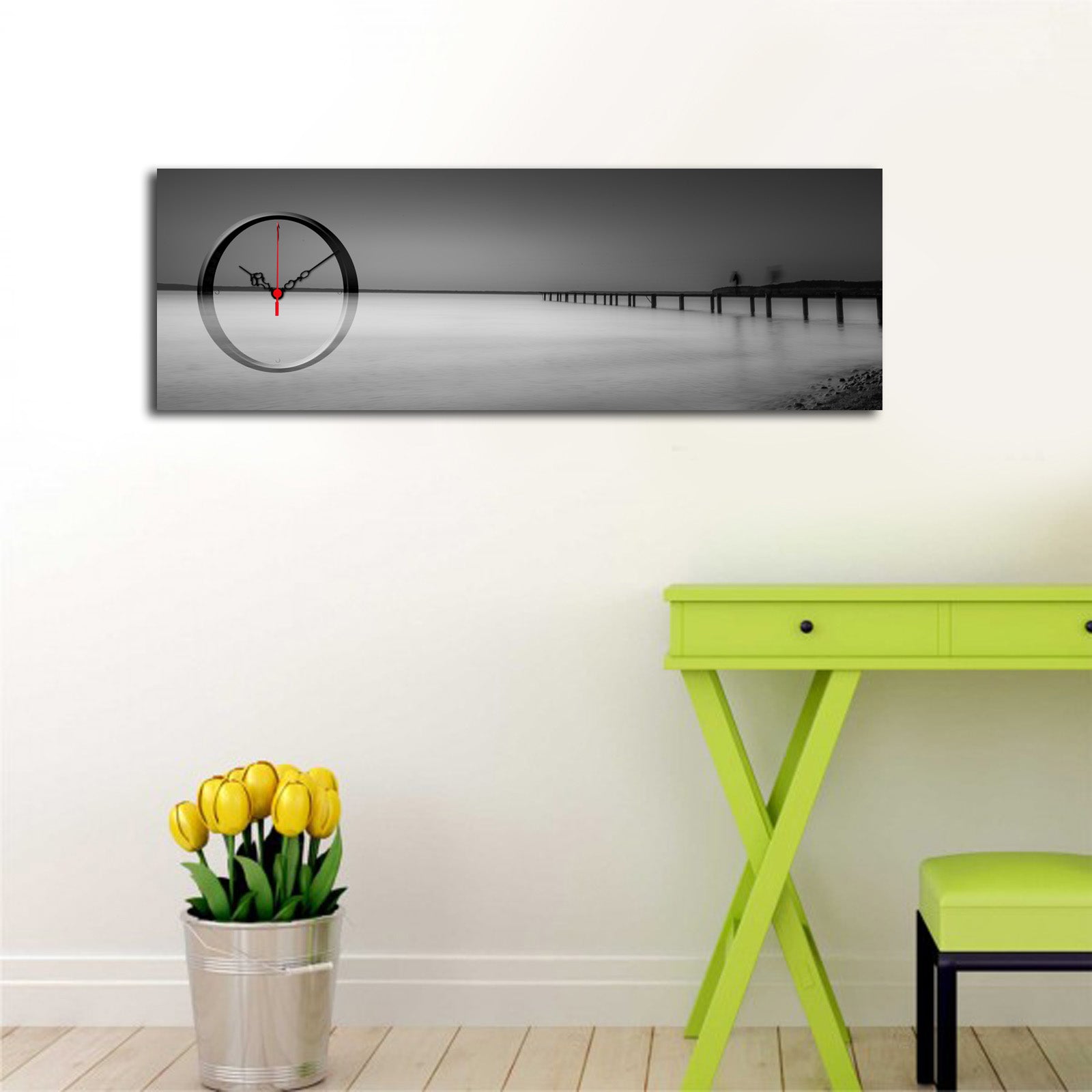 Relógio de Parede em Tela Decorativa 30x90 cm – Multicolor, Tela Suede 100%, Moldura de Madeira 3 cm (3090CS-41)