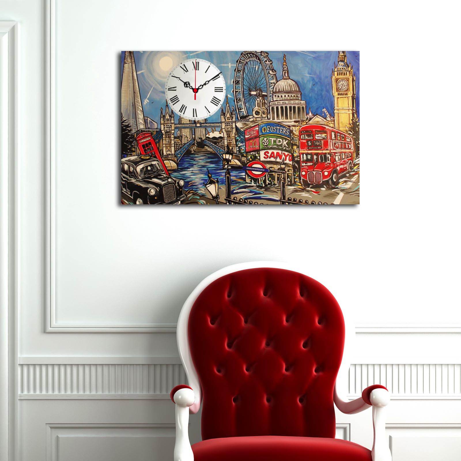 Relógio de Parede em Tela Decorativa Multicolor 45 x 70 cm — 100% Suede Canvas com Moldura de Madeira 3 cm (Modelo 5070CS-76)