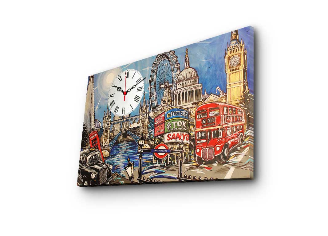 Relógio de Parede em Tela Decorativa Multicolor 45 x 70 cm — 100% Suede Canvas com Moldura de Madeira 3 cm (Modelo 5070CS-76)